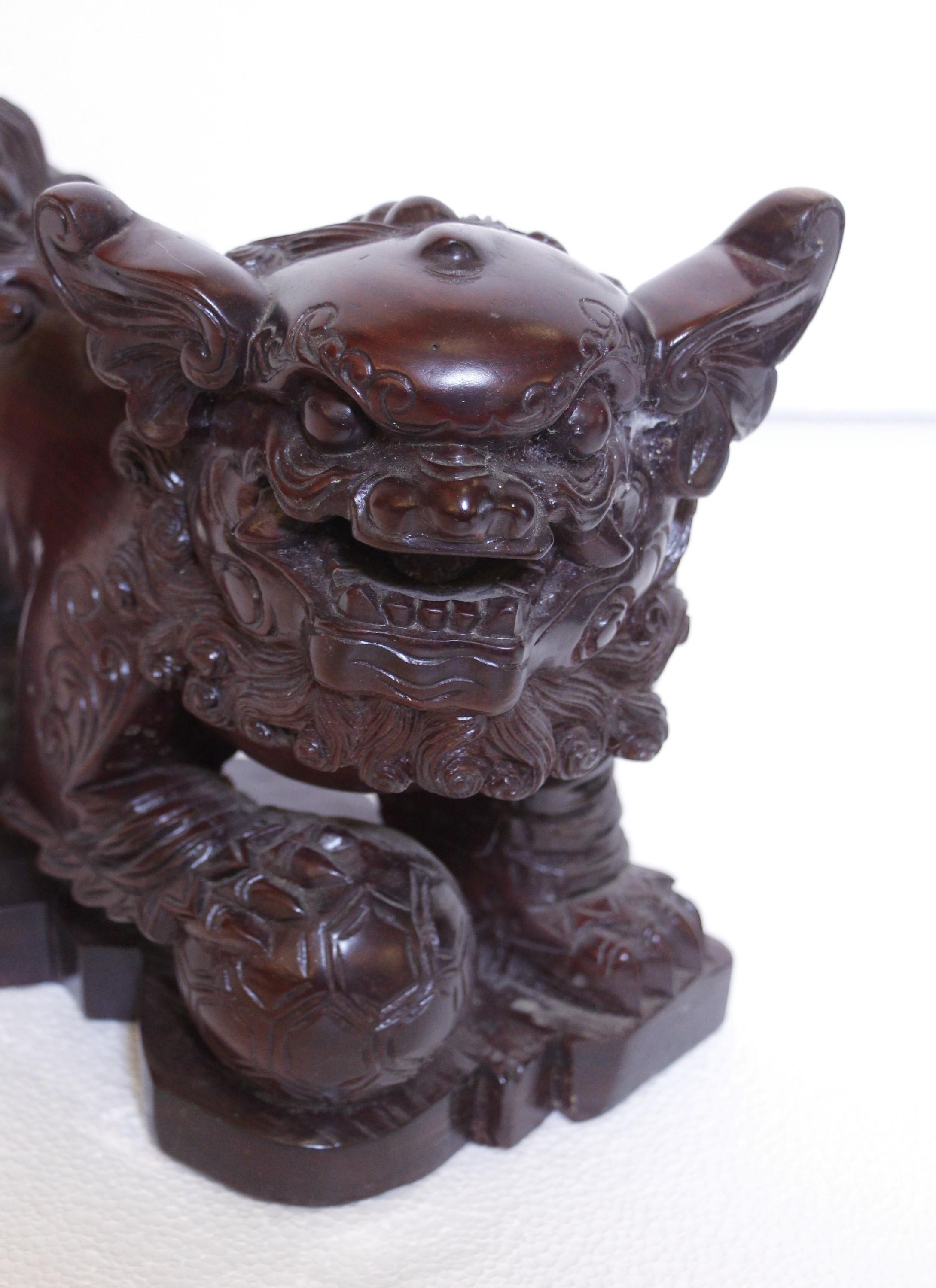 Pair Hand Carved Wood Cambodian Foo Dogs For Sale 4