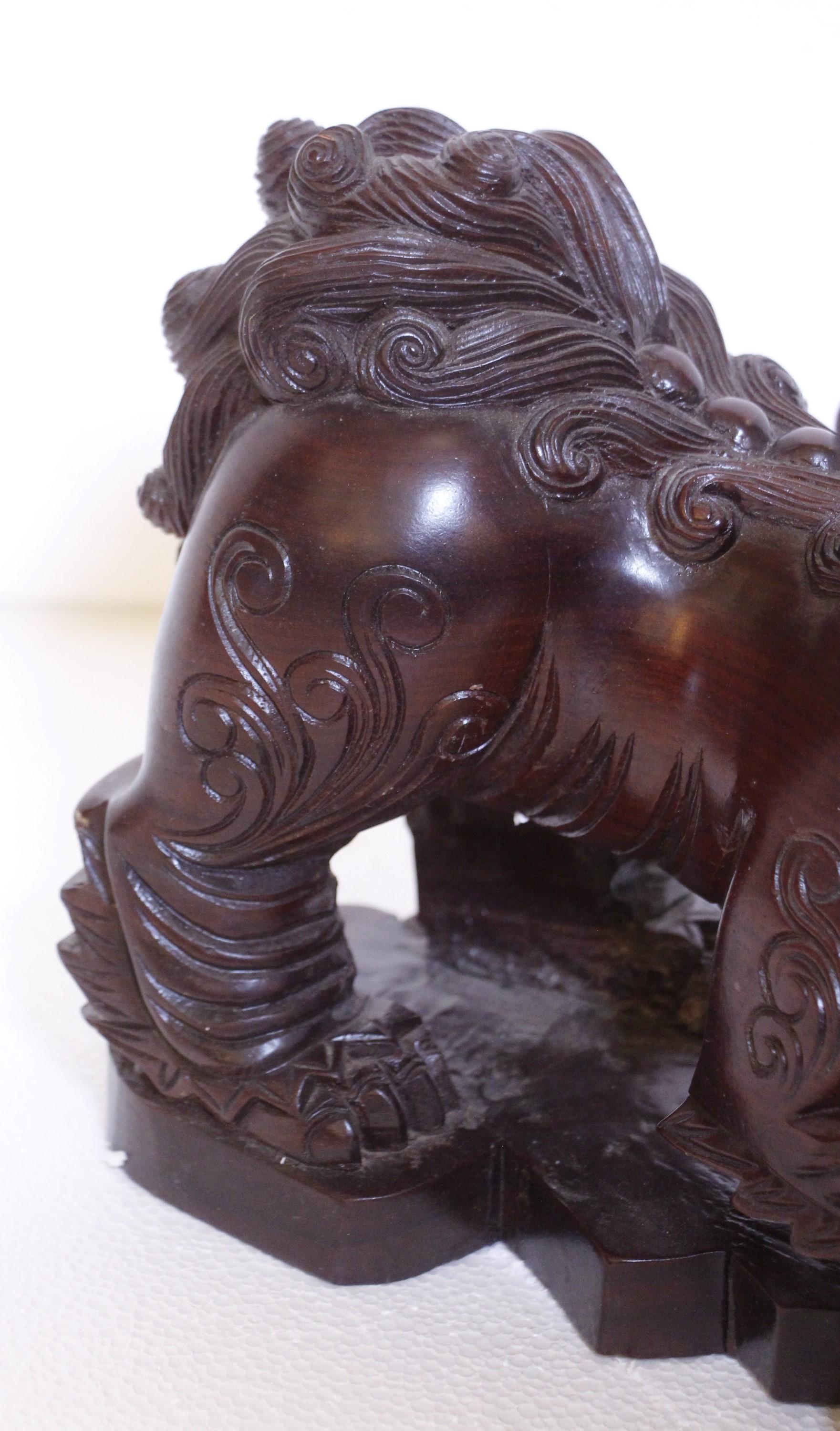 Pair Hand Carved Wood Cambodian Foo Dogs For Sale 5