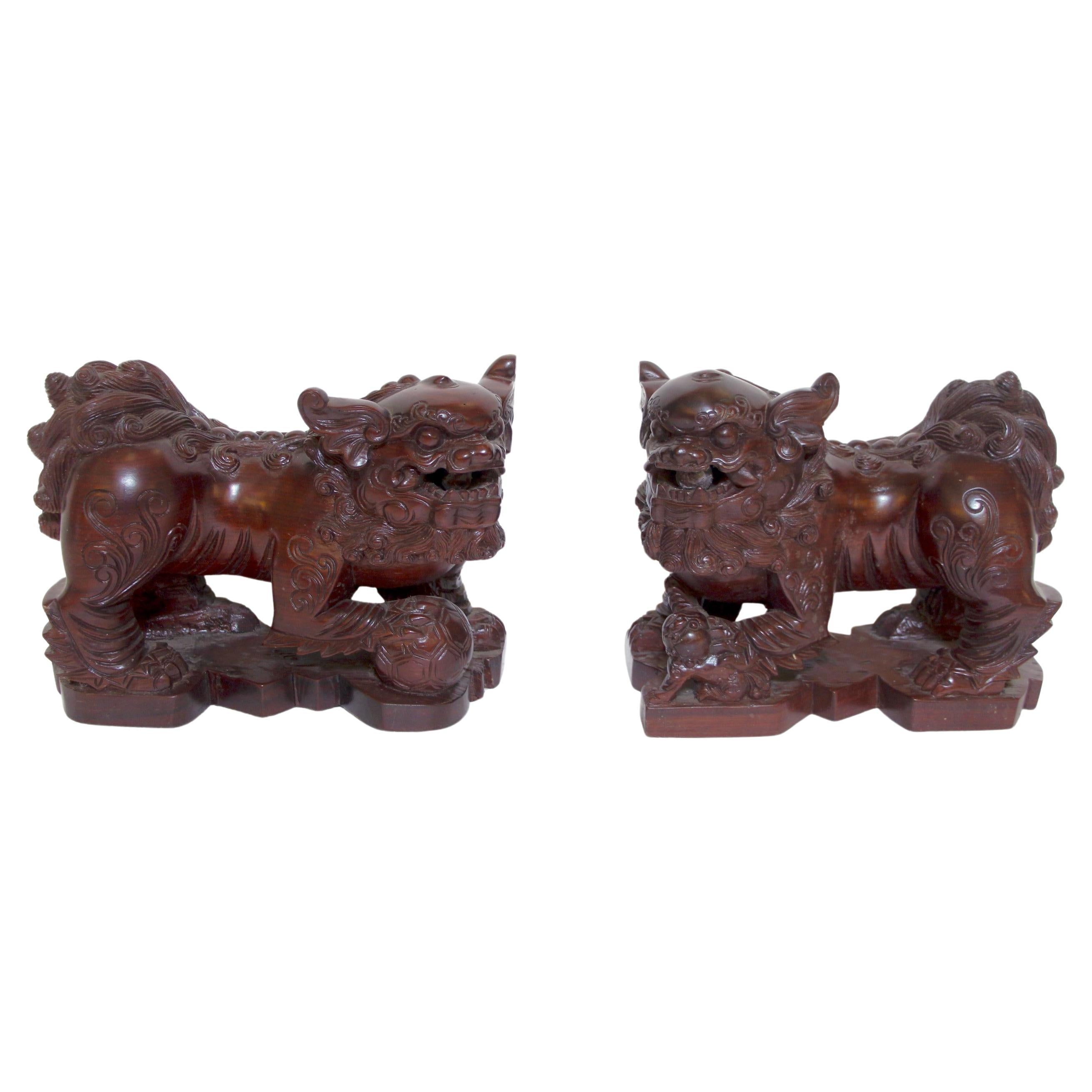 Pair Hand Carved Wood Cambodian Foo Dogs