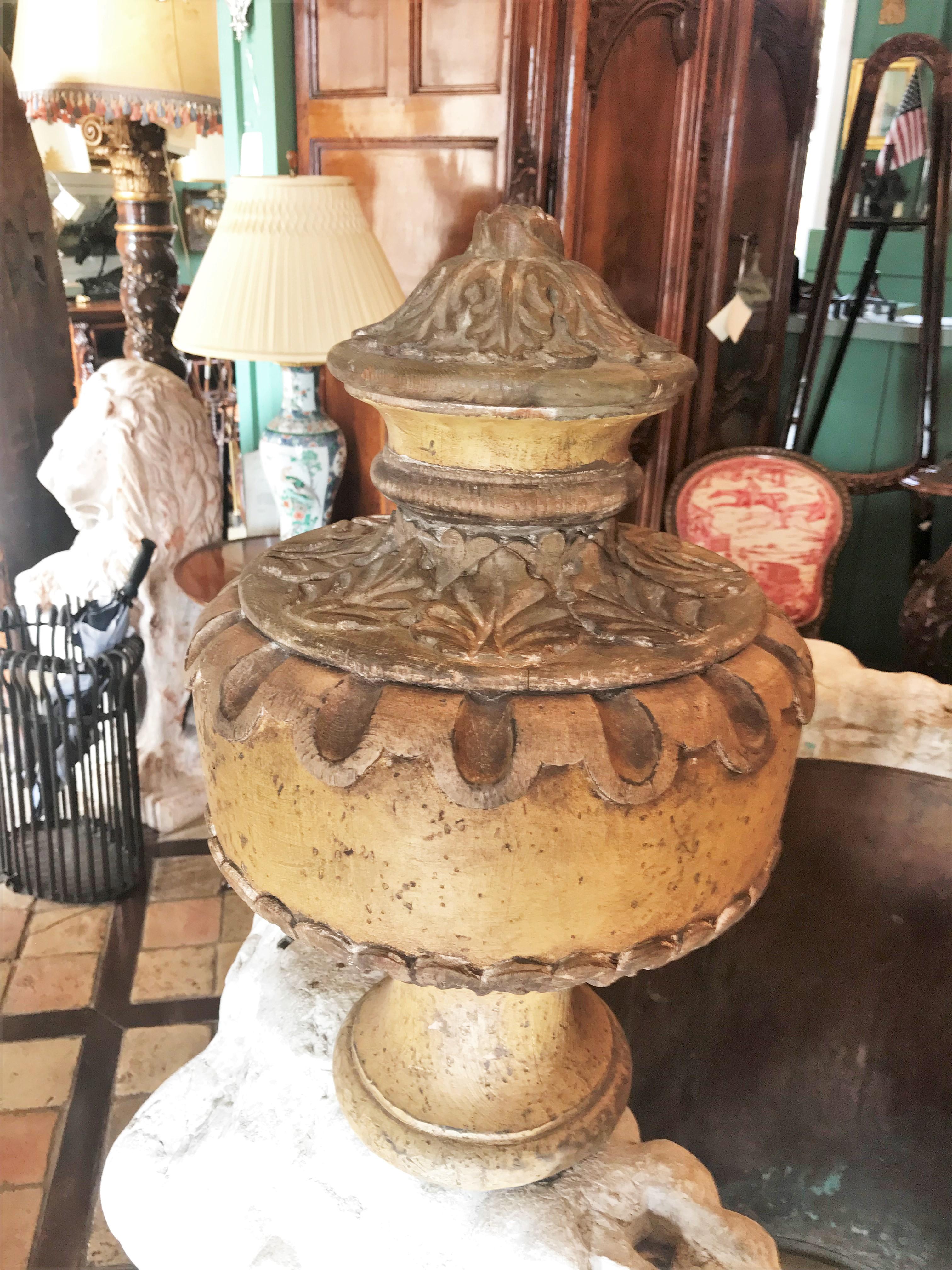 Fruitwood Pair Hand Carved Wood Finials Vase Shape Centerpiece Urns Antiques Los Angeles For Sale