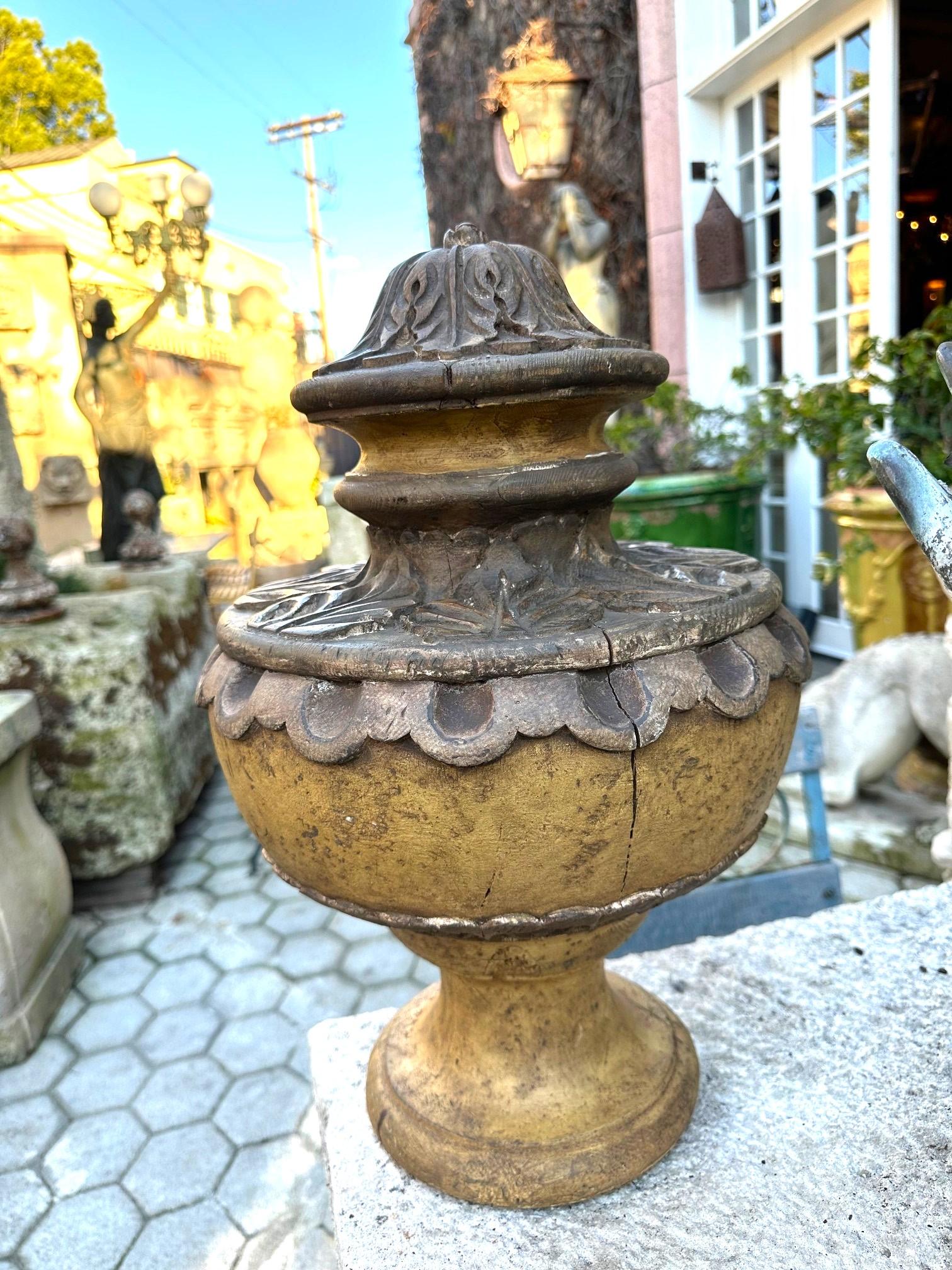 Pair Hand Carved Wood Finials Vase Shape Centerpiece Urns Antiques Los Angeles For Sale 1