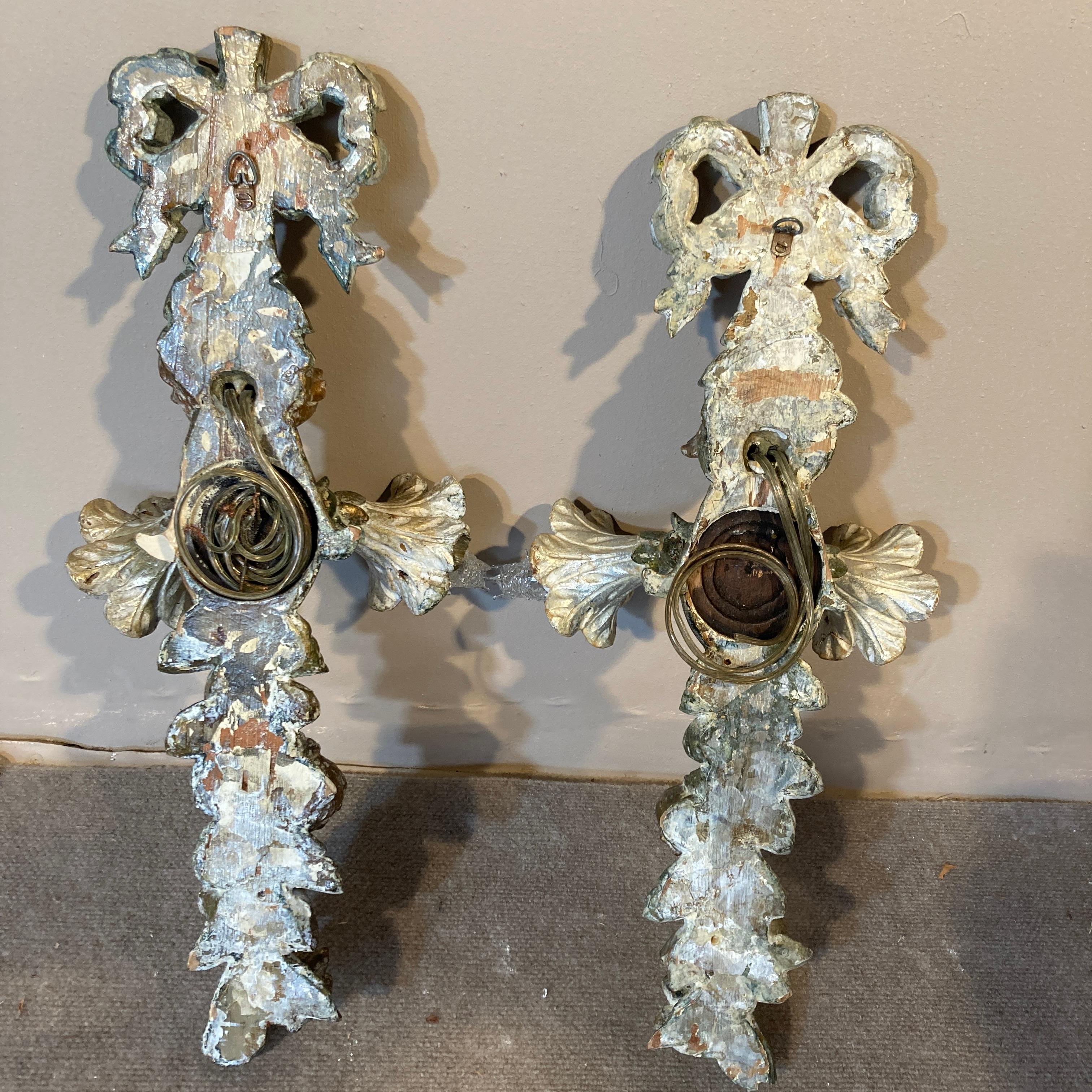 Pair Hand Carved Wood Silver Gilded Italian Wall Sconces  In Good Condition In Lambertville, NJ