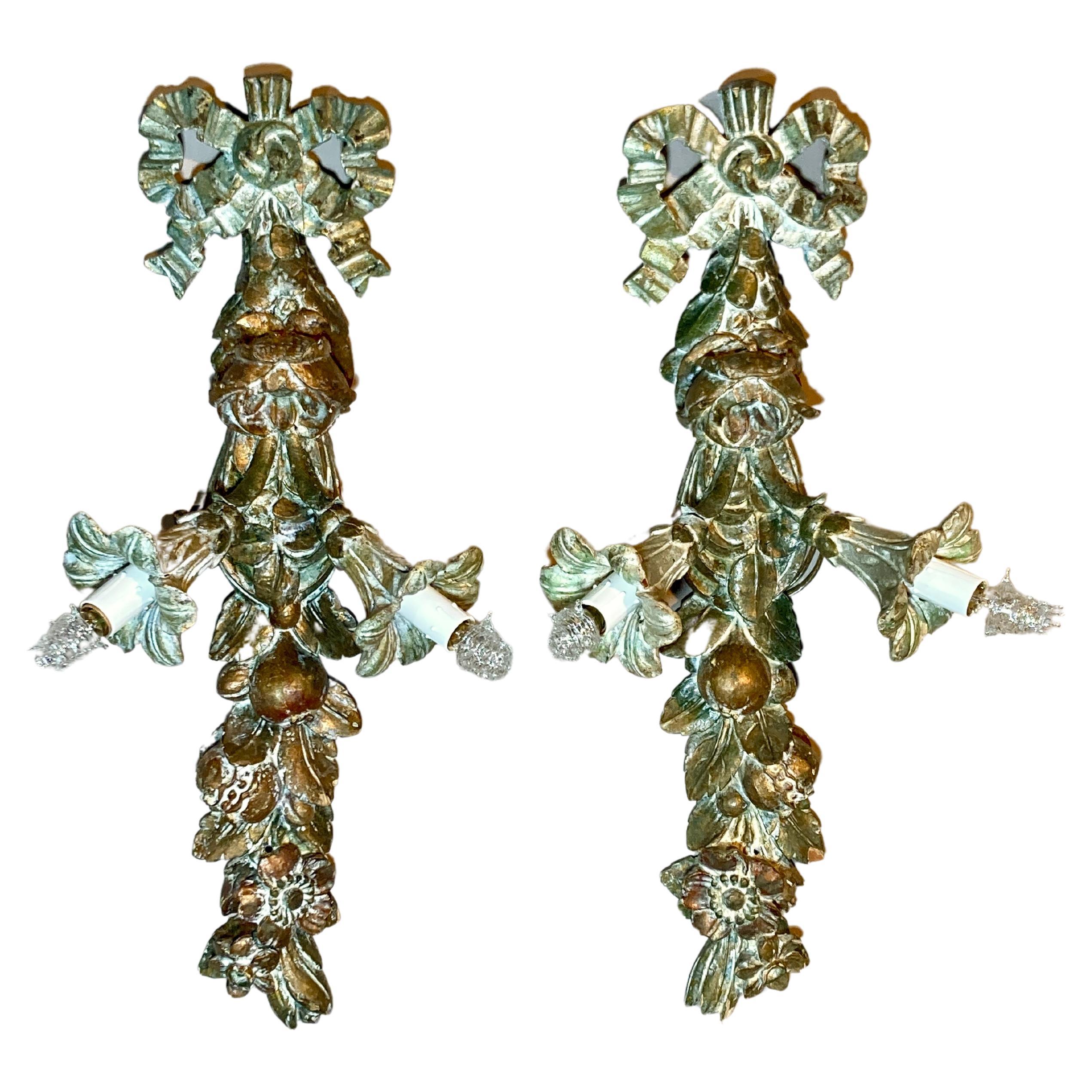 Pair Hand Carved Wood Silver Gilded Italian Wall Sconces 