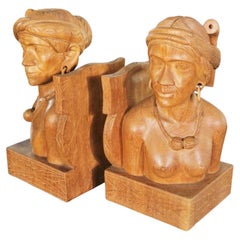 Vintage Tribal Figural Bookends Male and Female Hand Carved Wood- A Pair