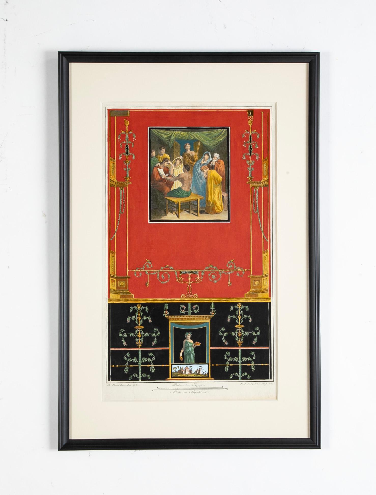 Pair Hand Colored Engravings of Roman Frescoes from Pompeii Circa 1800 For Sale 2