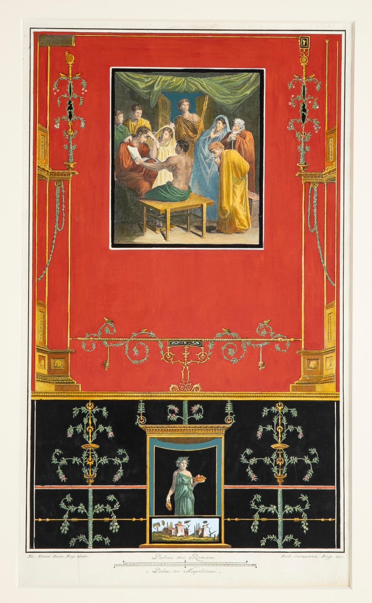 Coppia di incisioni colorate a mano italiane del XVIII secolo Affreschi romani di Pompei in vendita 1