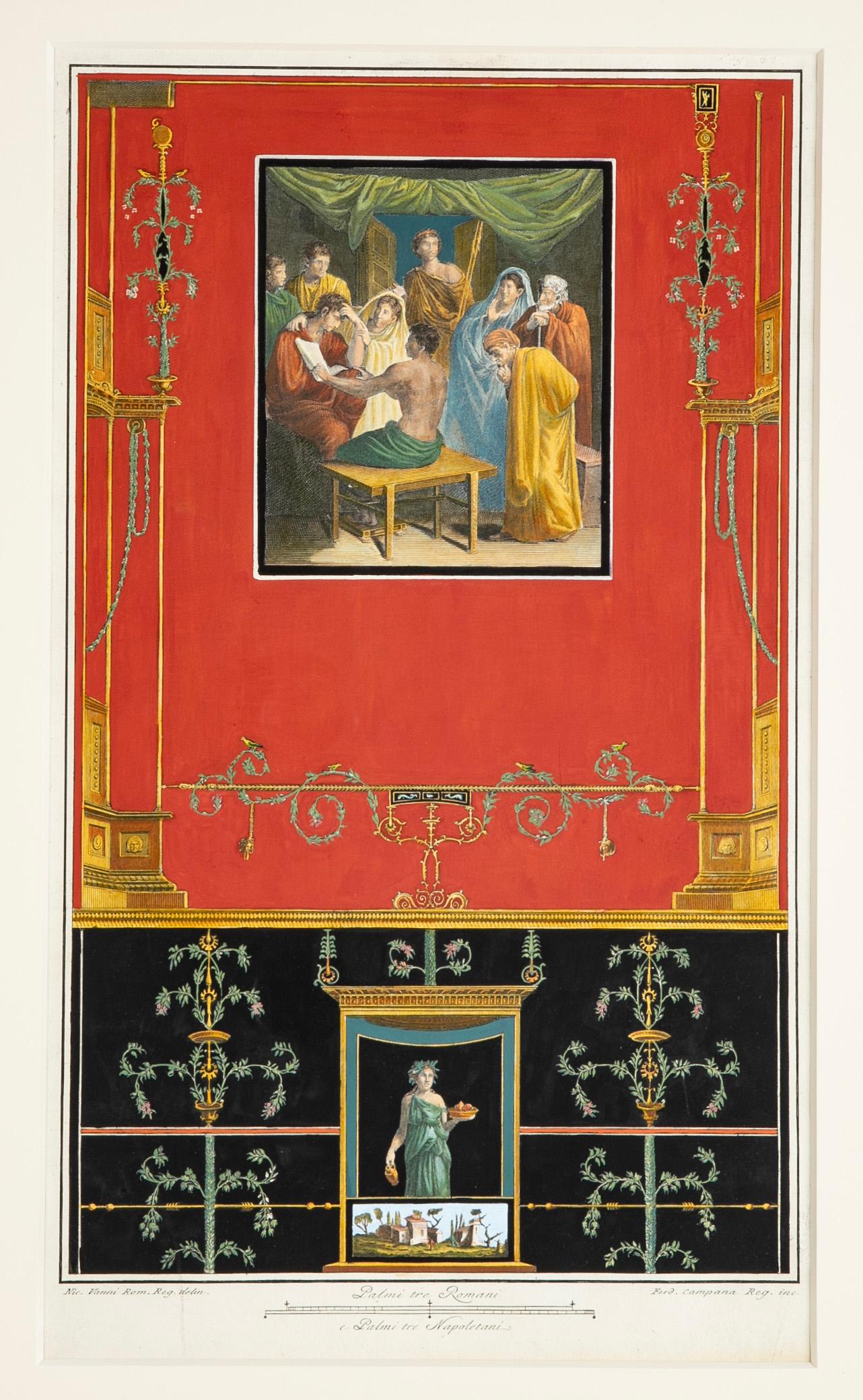 Paire de gravures colorées à la main de fresques romaines de Pompeii Circa 1800 en vente 3