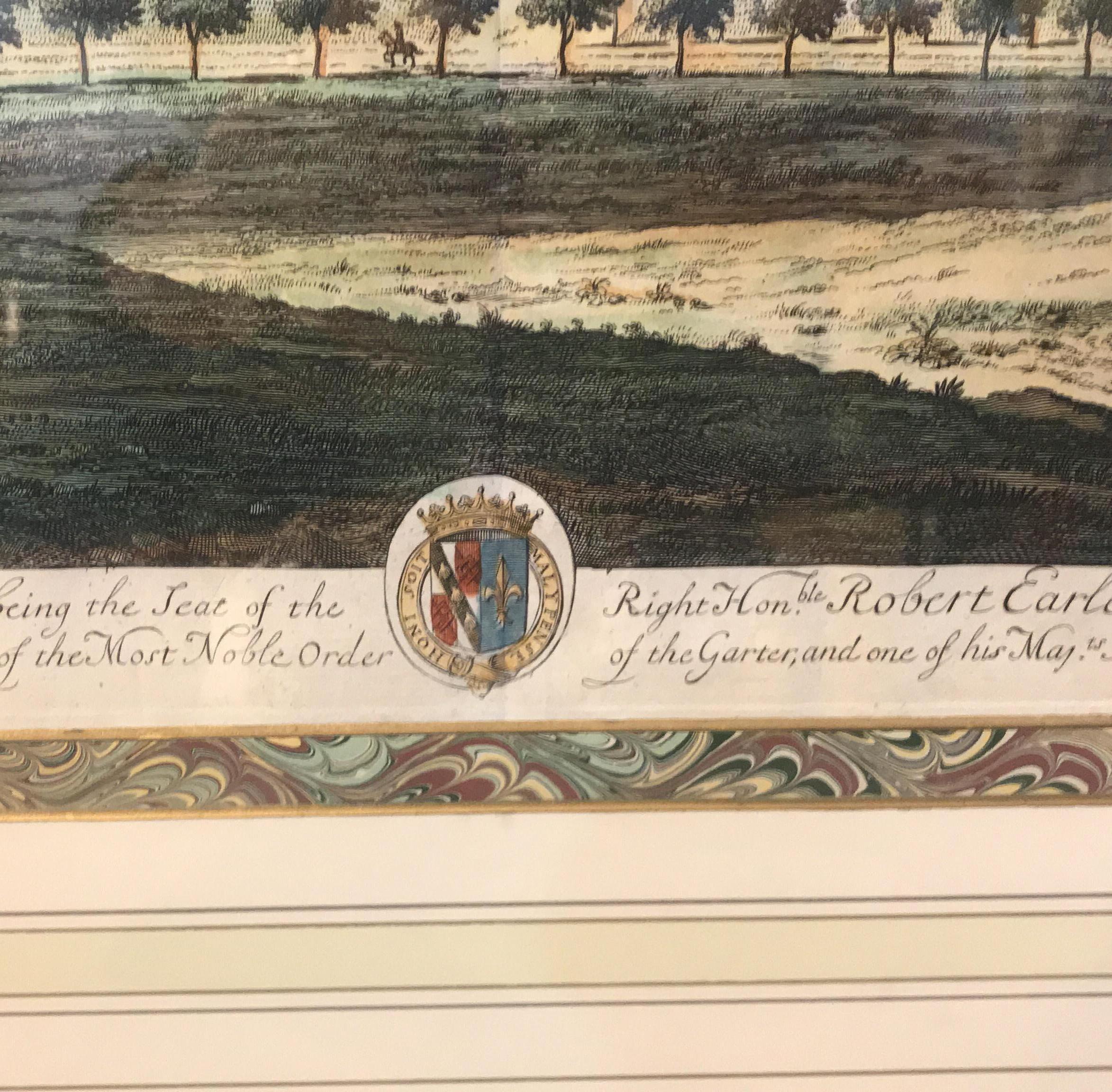 Pair Hand Colored Engravings Views of the Queens Palaces by Johannes Kip, 1707 3