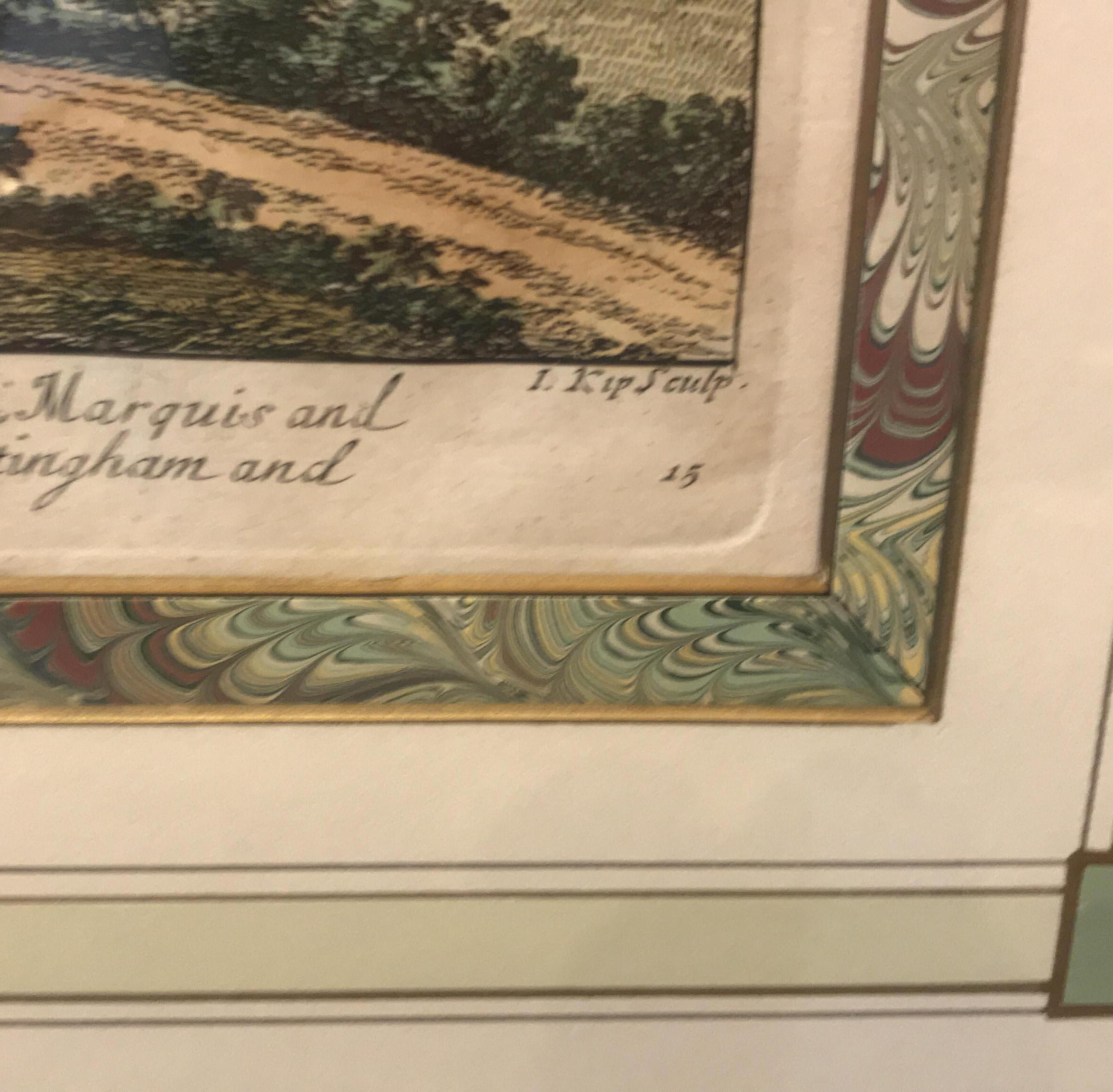 Pair Hand Colored Engravings Views of the Queens Palaces by Johannes Kip, 1707 6