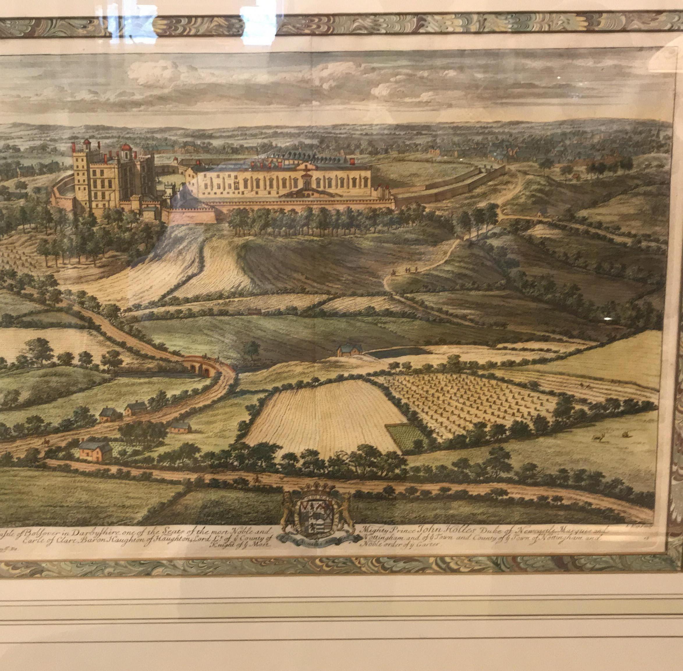 Pair Hand Colored Engravings Views of the Queens Palaces by Johannes Kip, 1707 In Excellent Condition In Lambertville, NJ