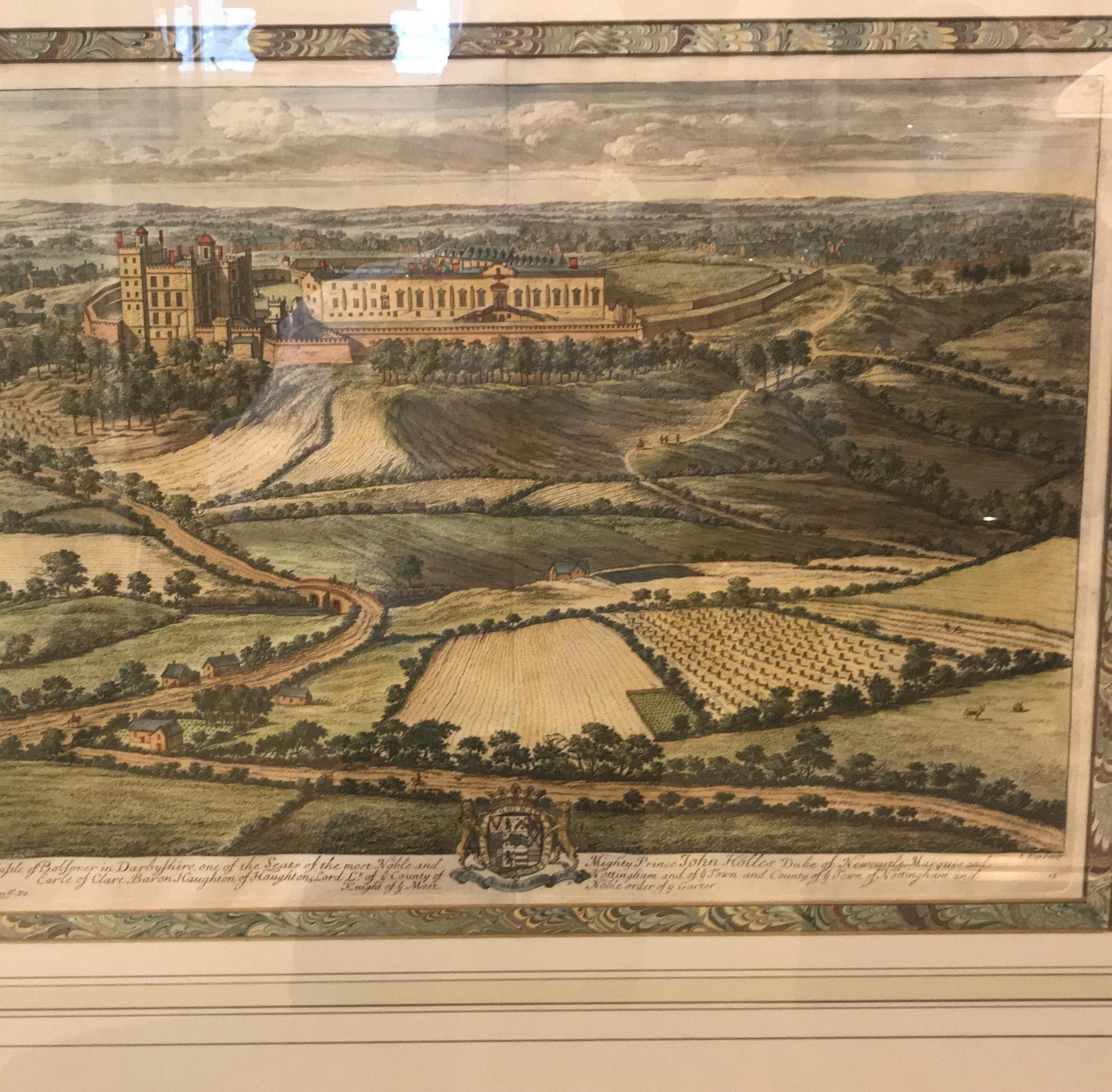 Pair of Hand Colored Engravings Views of the Queens Palaces by Johannes Kip 1707 In Excellent Condition In Lambertville, NJ