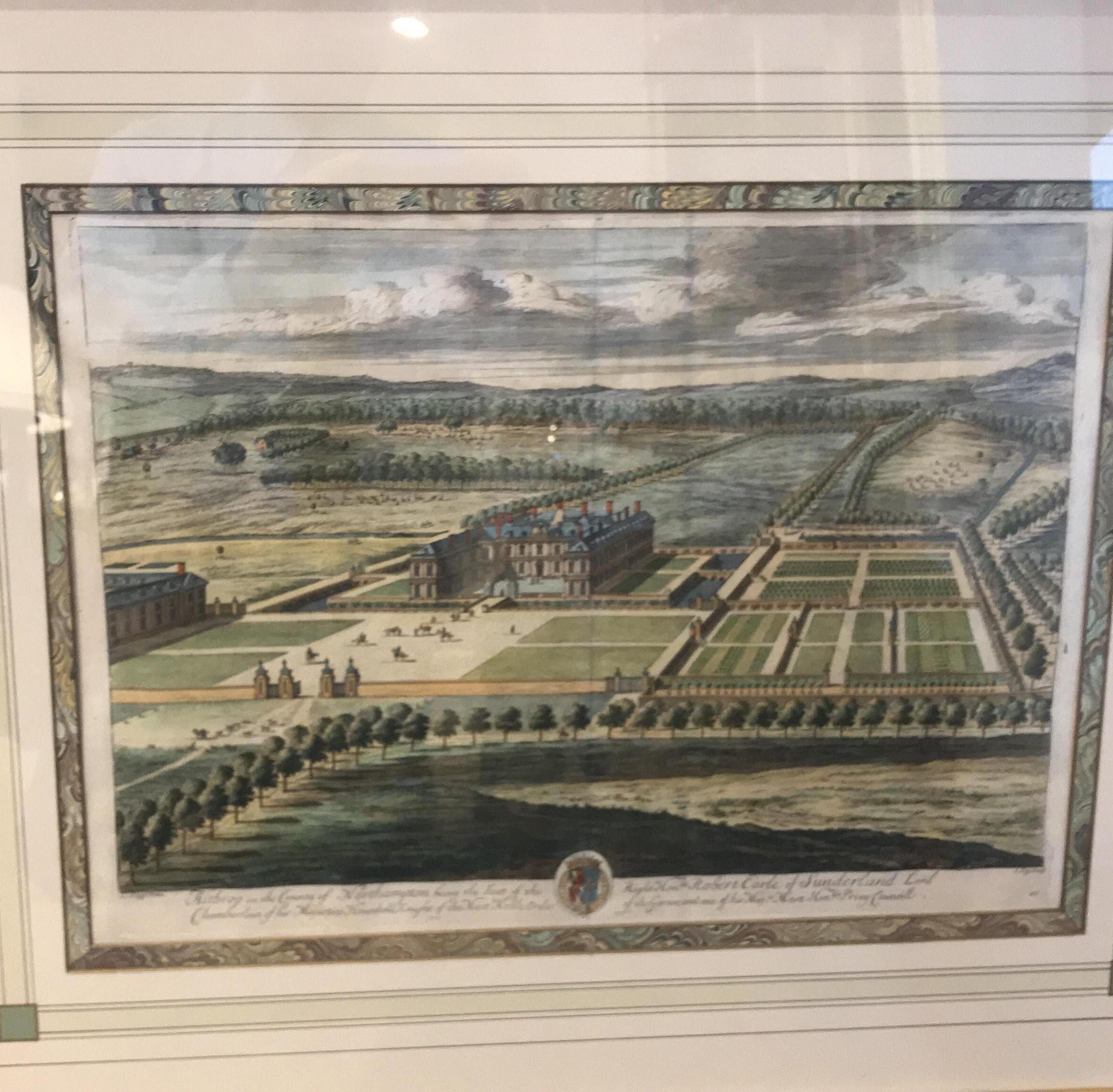 Early 18th Century Pair Hand Colored Engravings Views of the Queens Palaces by Johannes Kip, 1707