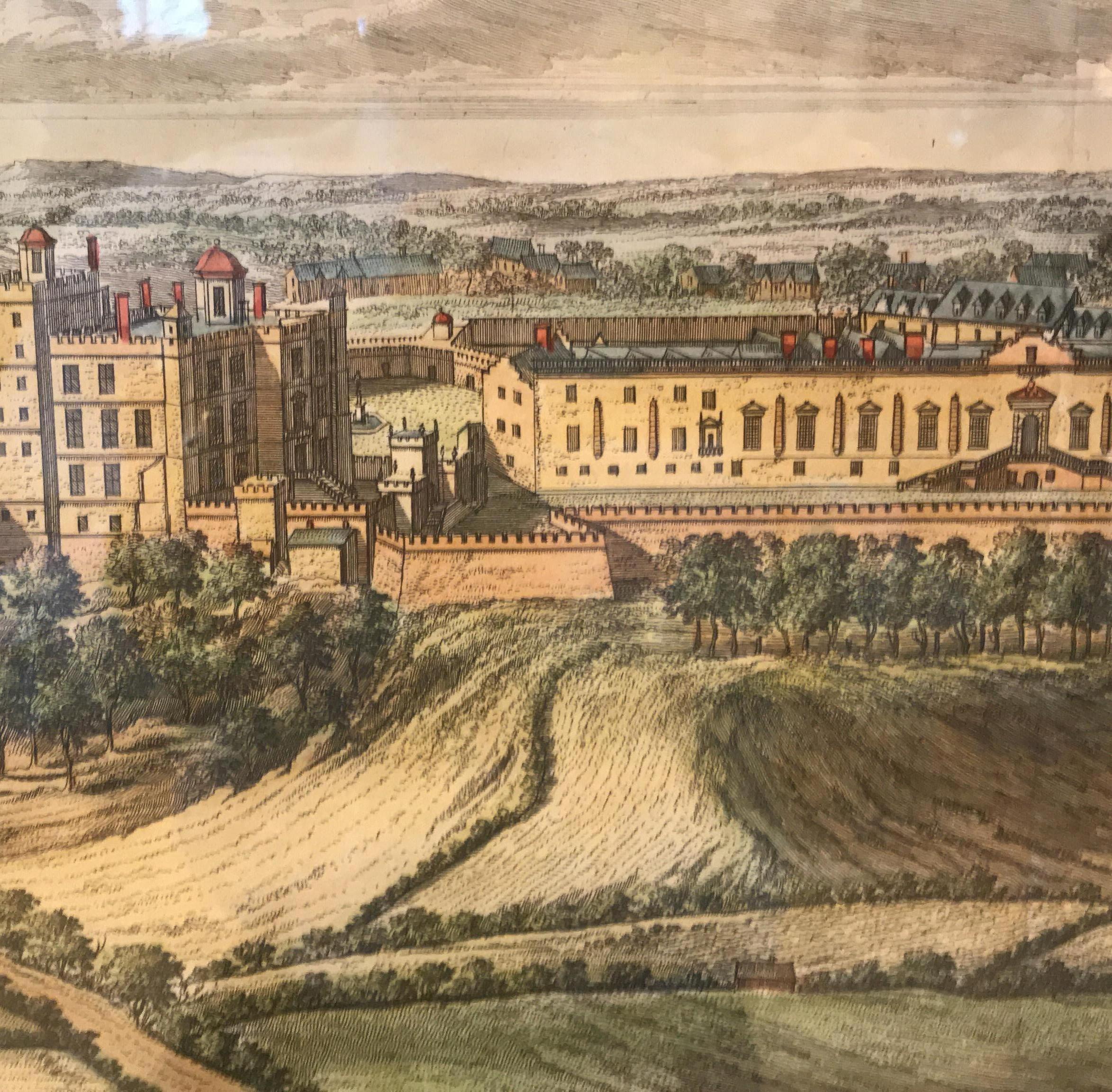 Glass Pair Hand Colored Engravings Views of the Queens Palaces by Johannes Kip, 1707