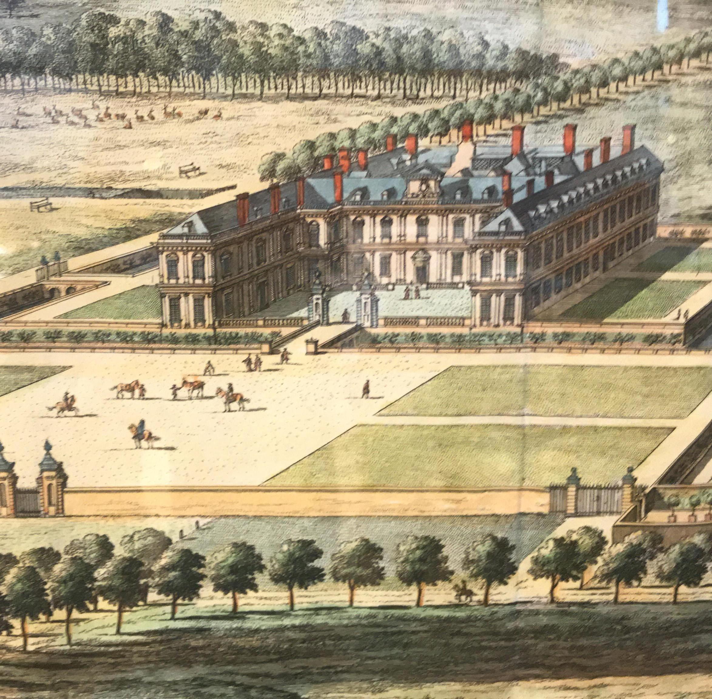 Pair Hand Colored Engravings Views of the Queens Palaces by Johannes Kip, 1707 1