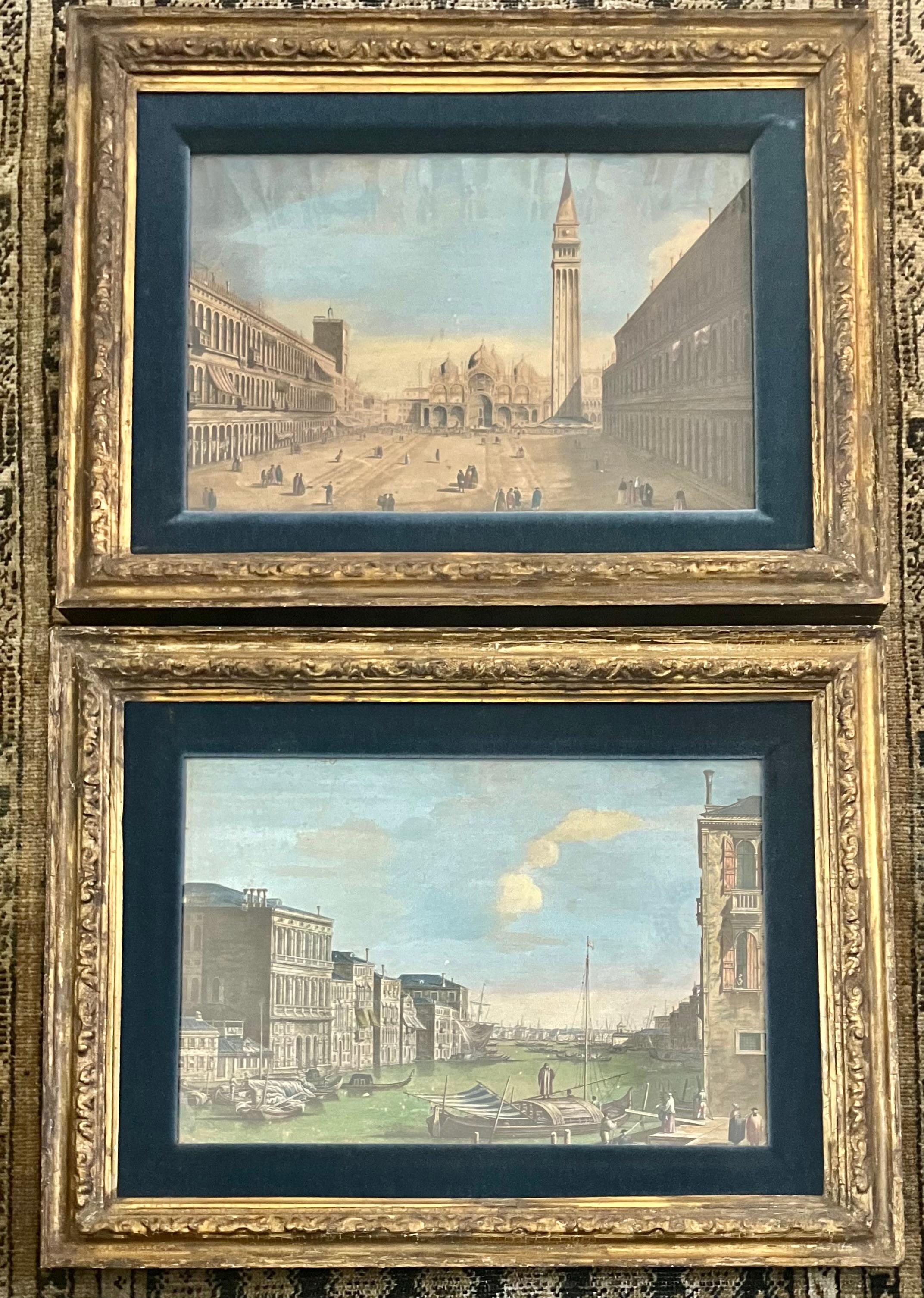 Gesso Pair Hand-Colored Venetian Engravings after Canaletto For Sale