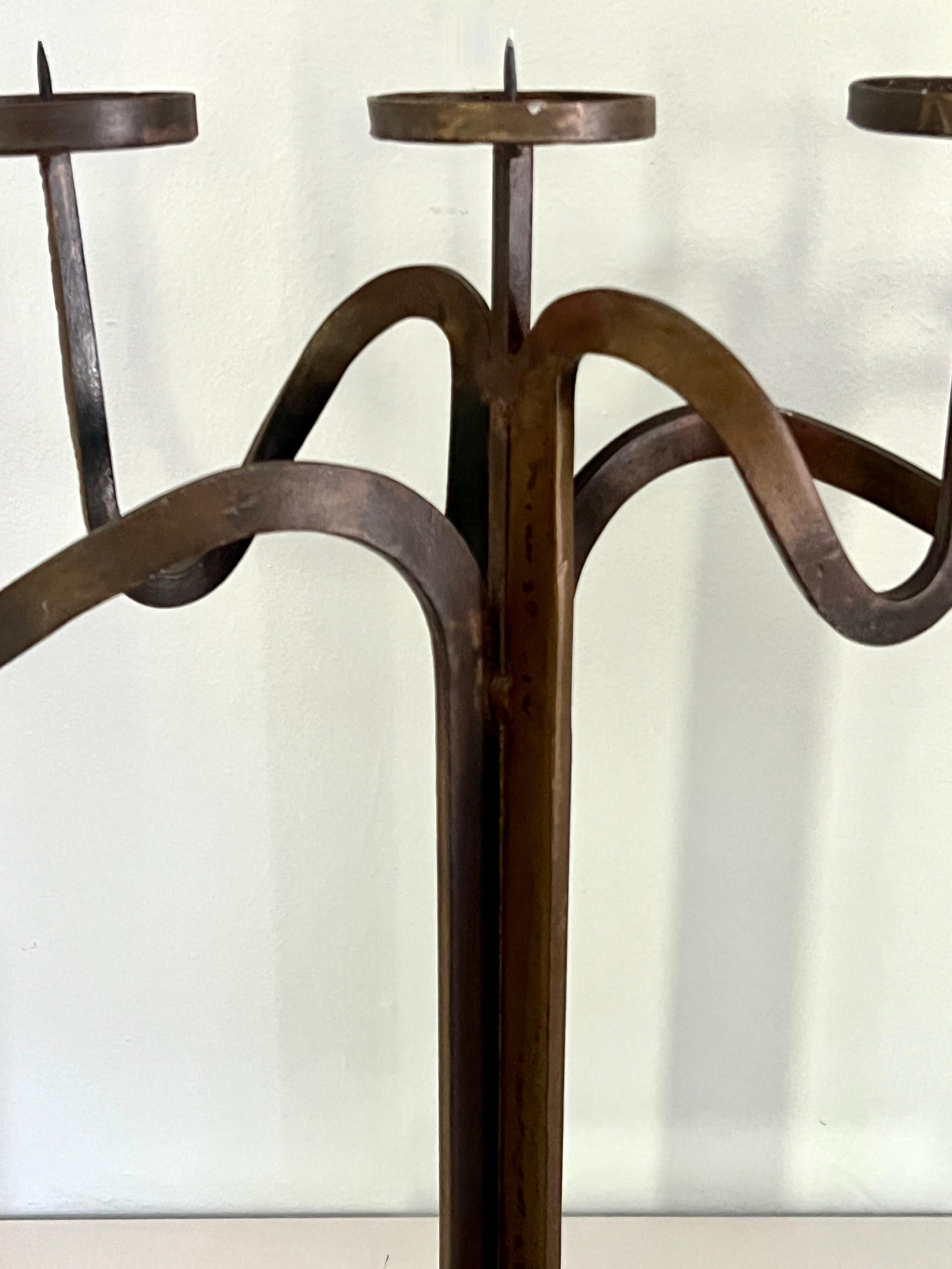 Pair Hand Crafted Brutalist Iron Candelabra With 5 Candle Holders For Sale 9