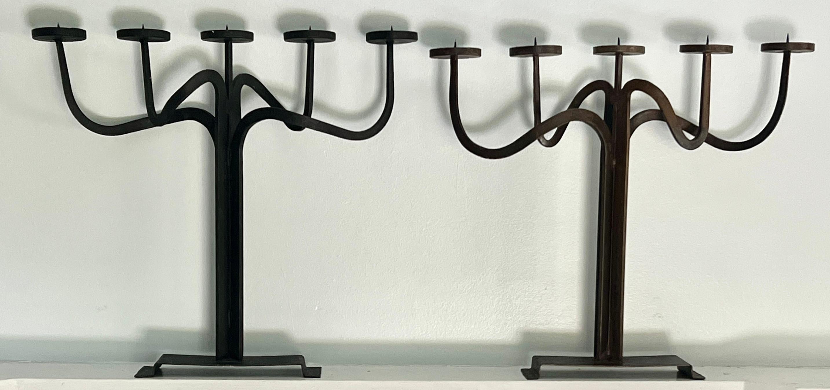 Pair Hand Crafted Brutalist Iron Candelabra With 5 Candle Holders For Sale 13