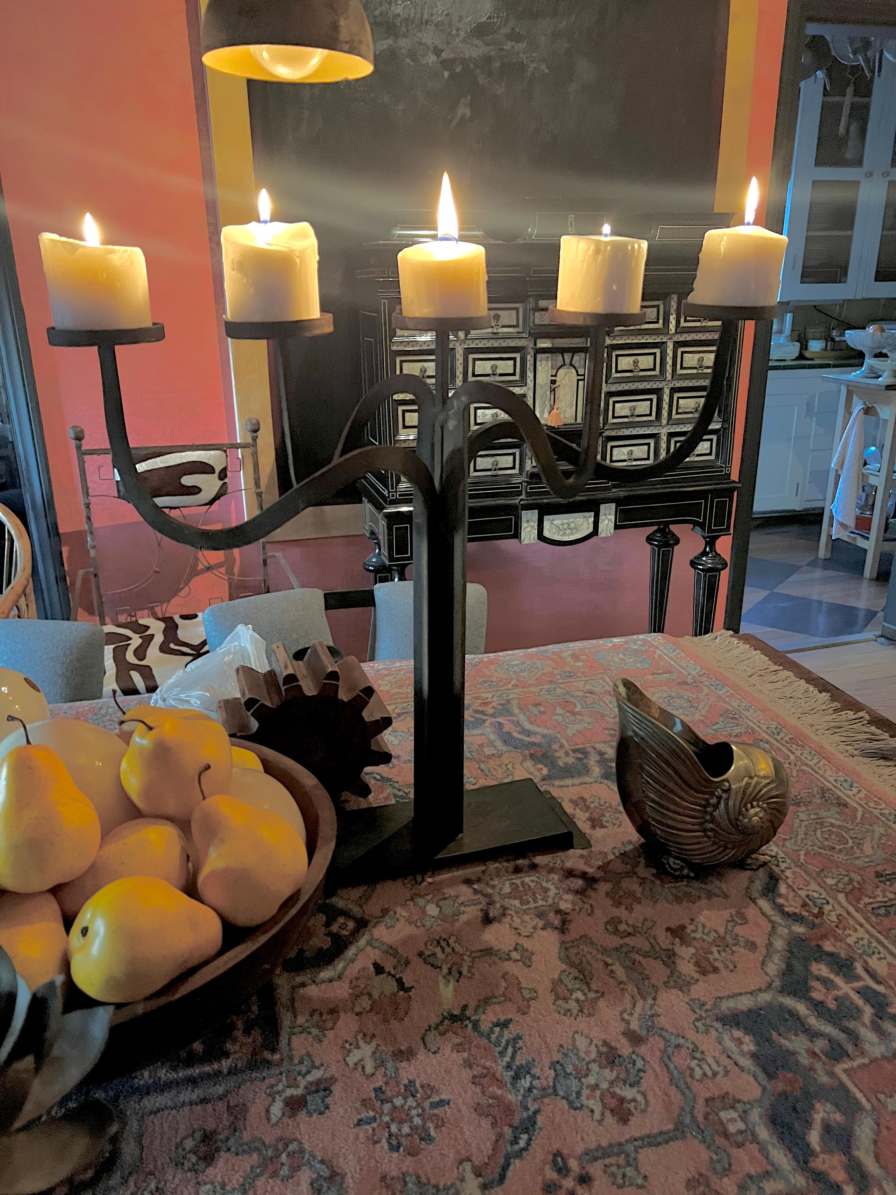 Pair Hand Crafted Brutalist Iron Candelabra With 5 Candle Holders In Good Condition For Sale In Los Angeles, CA