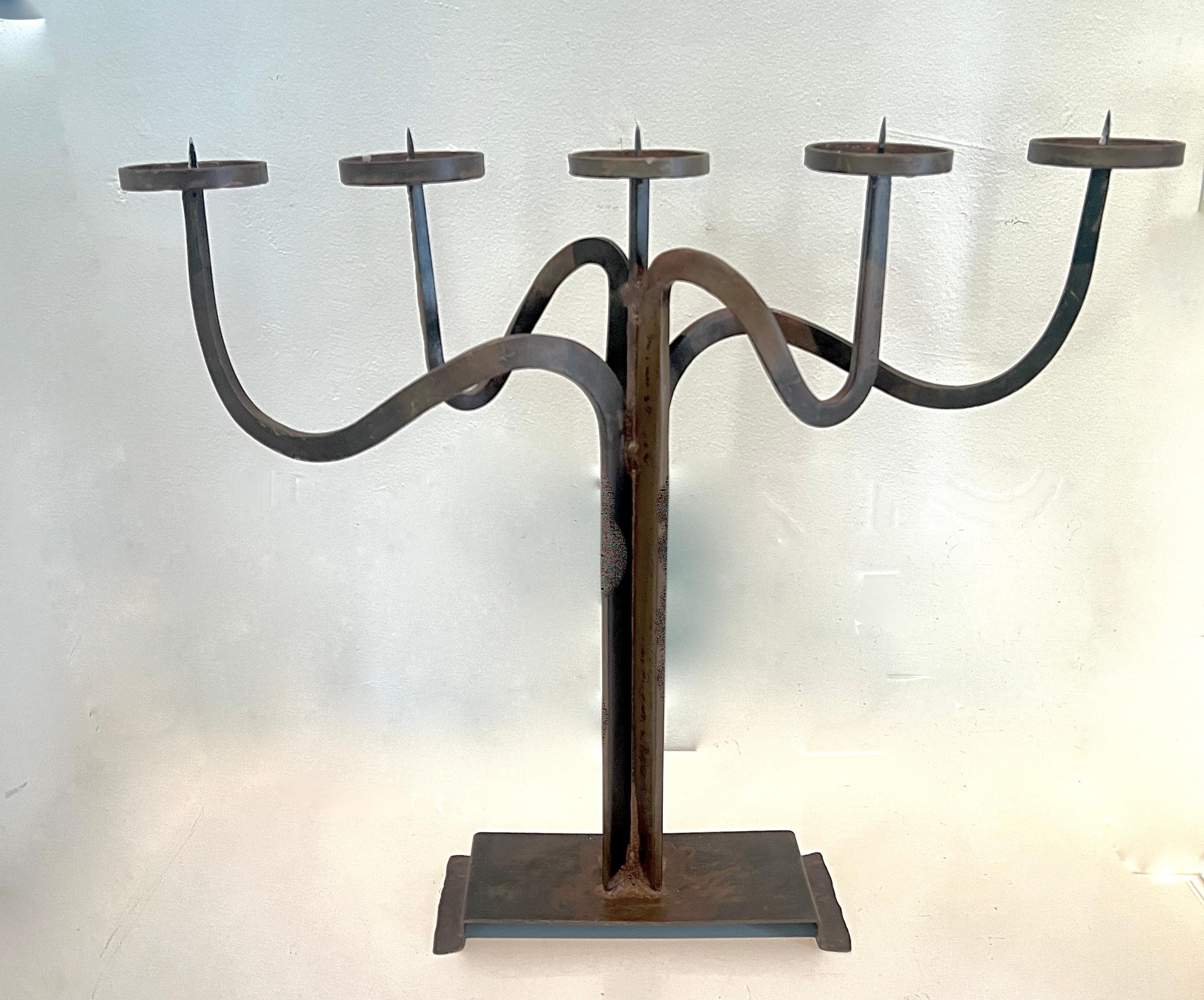 20th Century Pair Hand Crafted Brutalist Iron Candelabra With 5 Candle Holders For Sale
