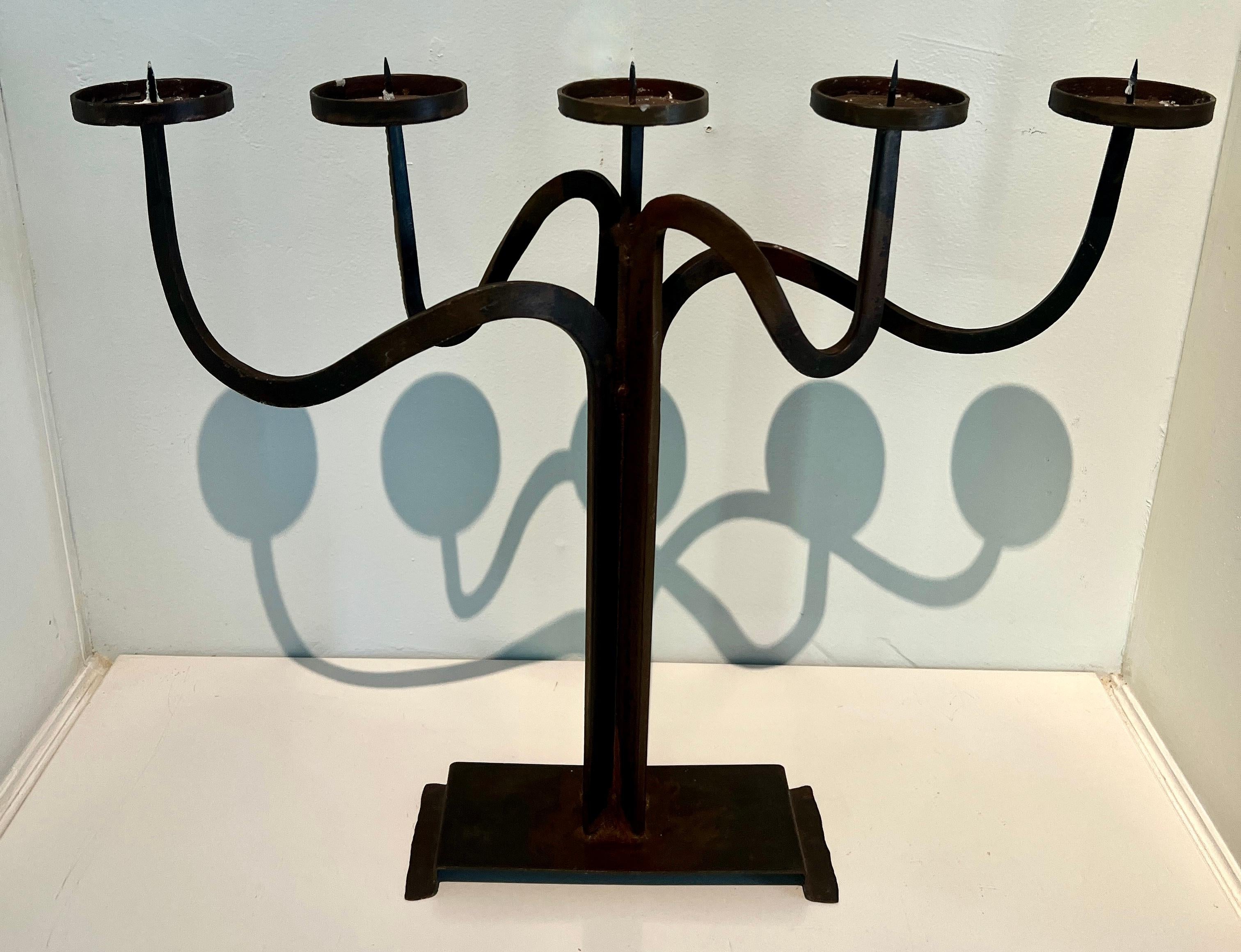 Pair Hand Crafted Brutalist Iron Candelabra With 5 Candle Holders For Sale 1