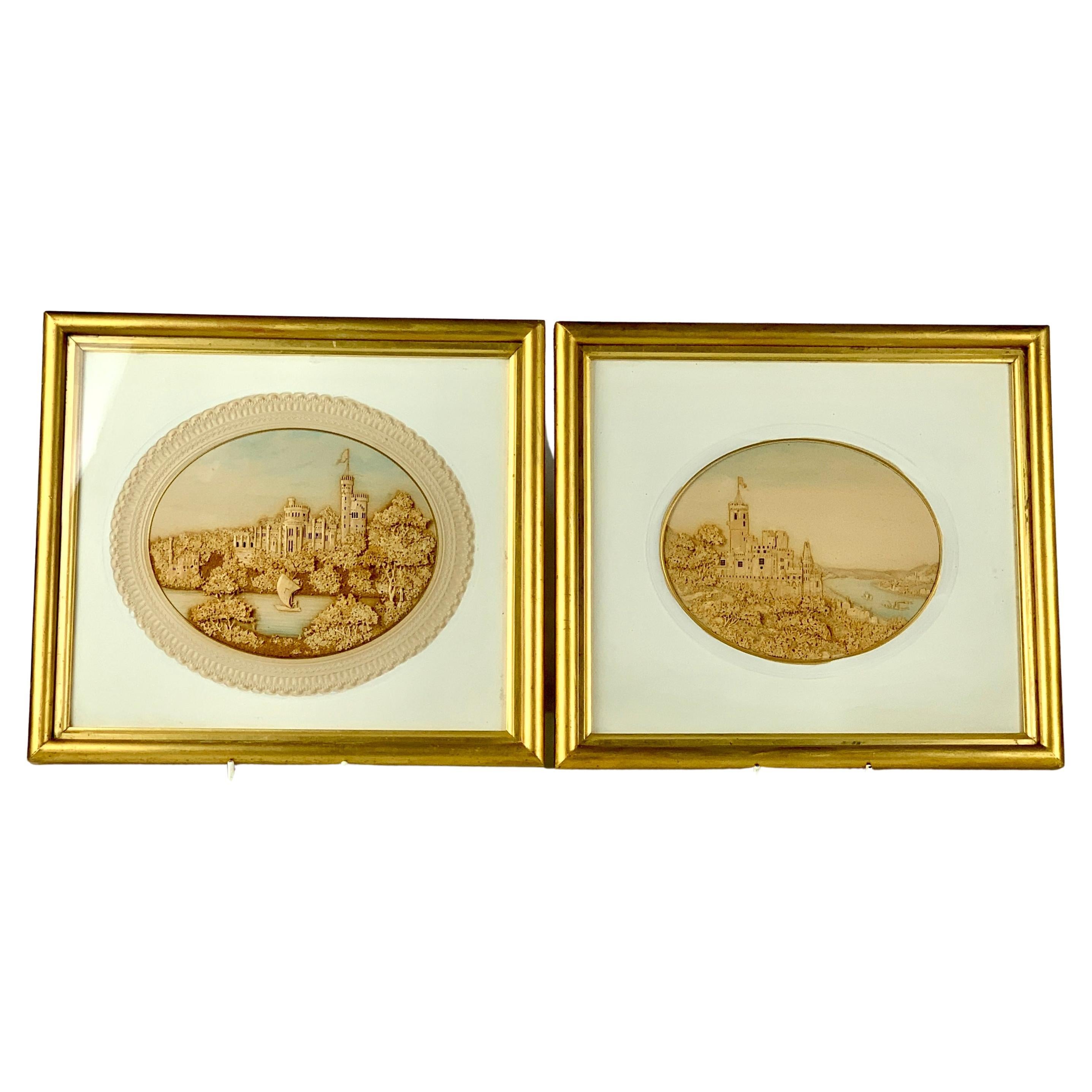 Pair Hand Crafted Corkwork Dioramas with Scenes of English Castles Circa 1840