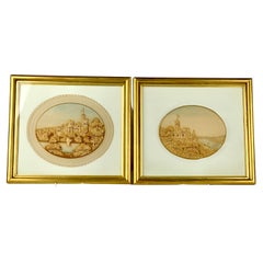 Coppia di diorami in sughero lavorati a mano con scene di castelli inglesi Circa 1840
