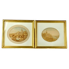 Used Pair Hand Crafted Corkwork Dioramas with Scenes of English Castles Circa 1840