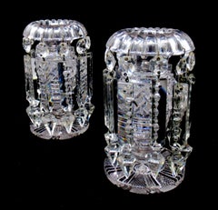 Pair of Handcut Full Lead Crystal Diamond Cut Lustres Possibly Irish