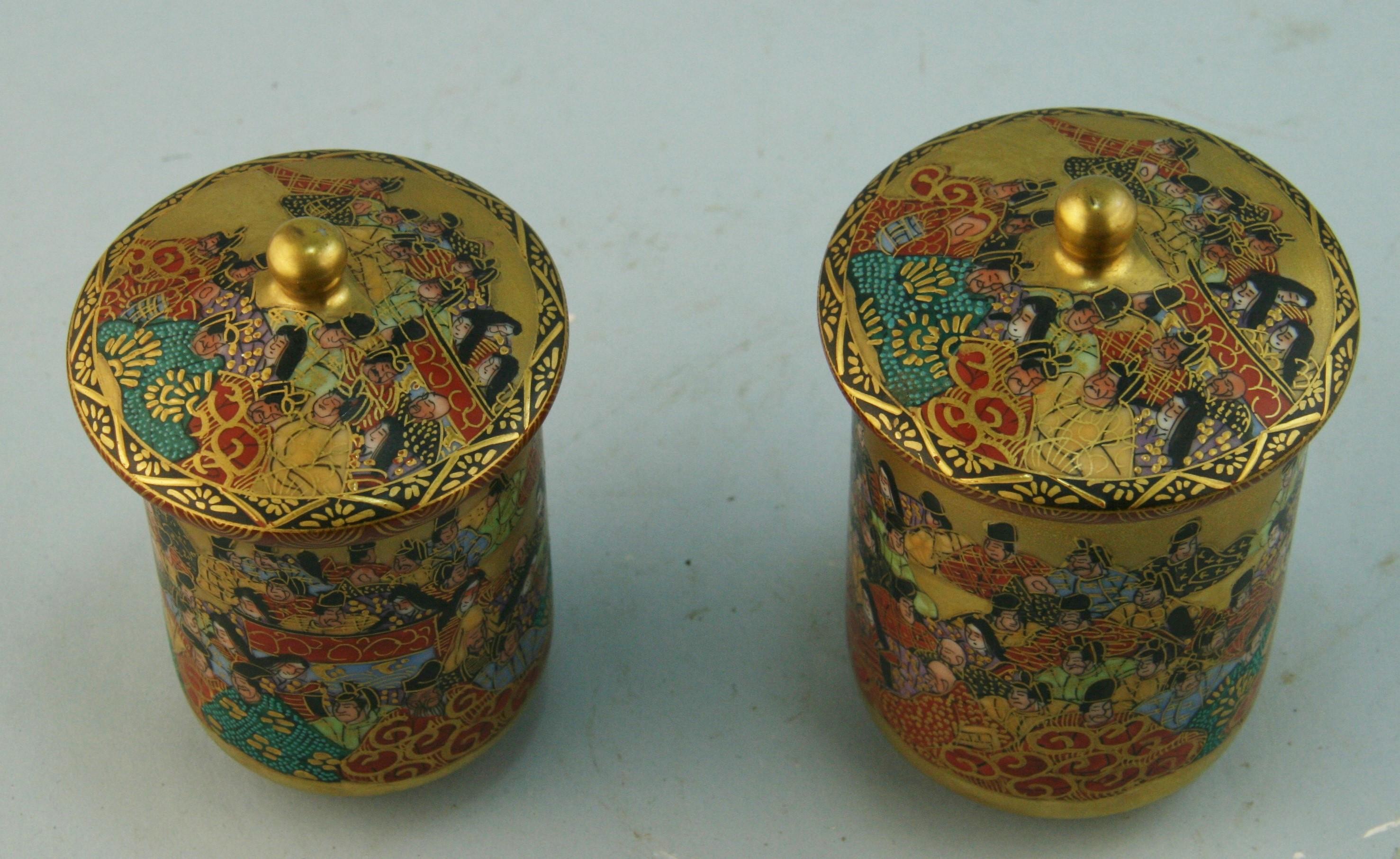Pair Japanese Satsuma hand decorated lidded cups
Measures: 3.25