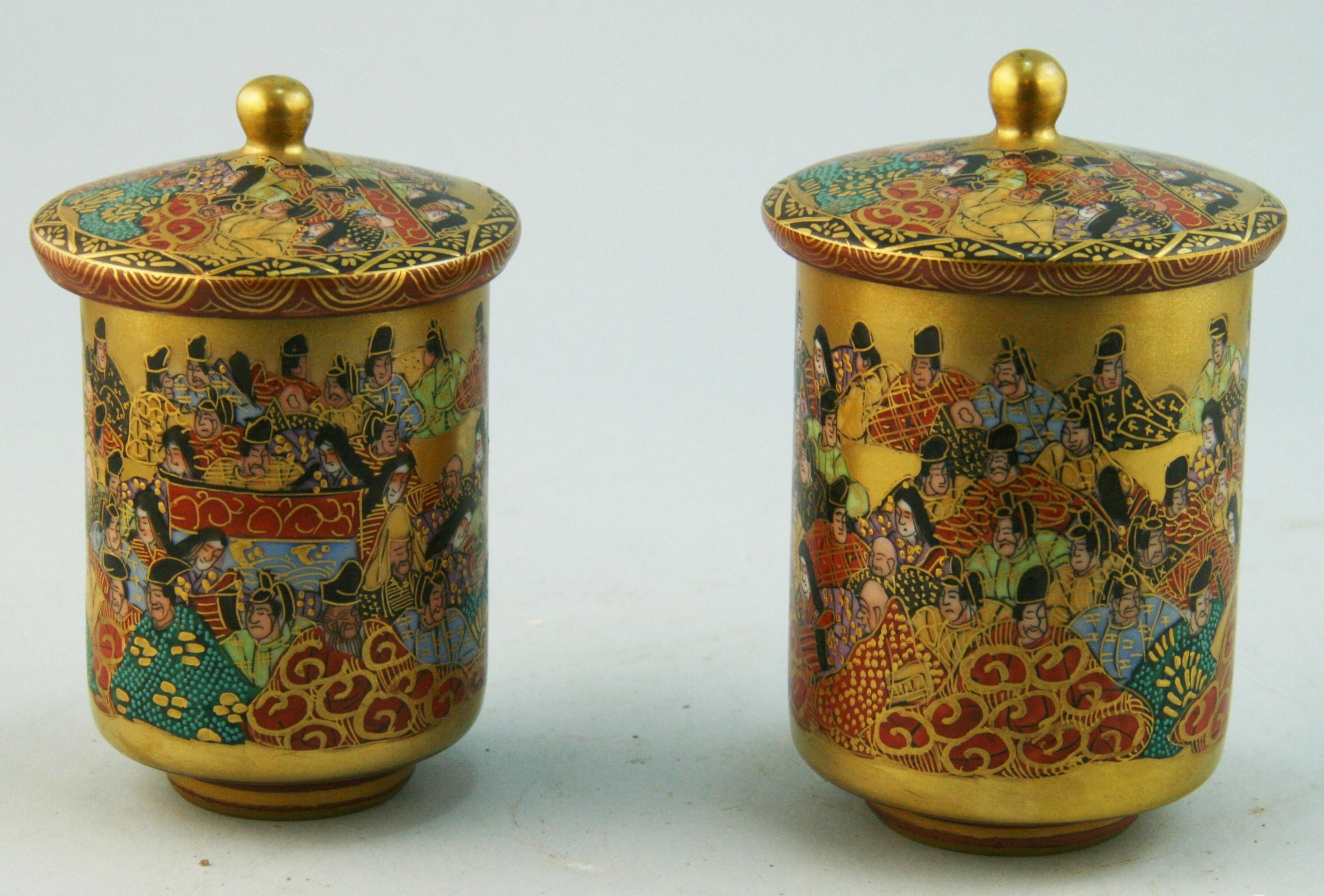 Hand-Crafted Japanese Pair Hand Decorated Satsuma Lidded Cups For Sale