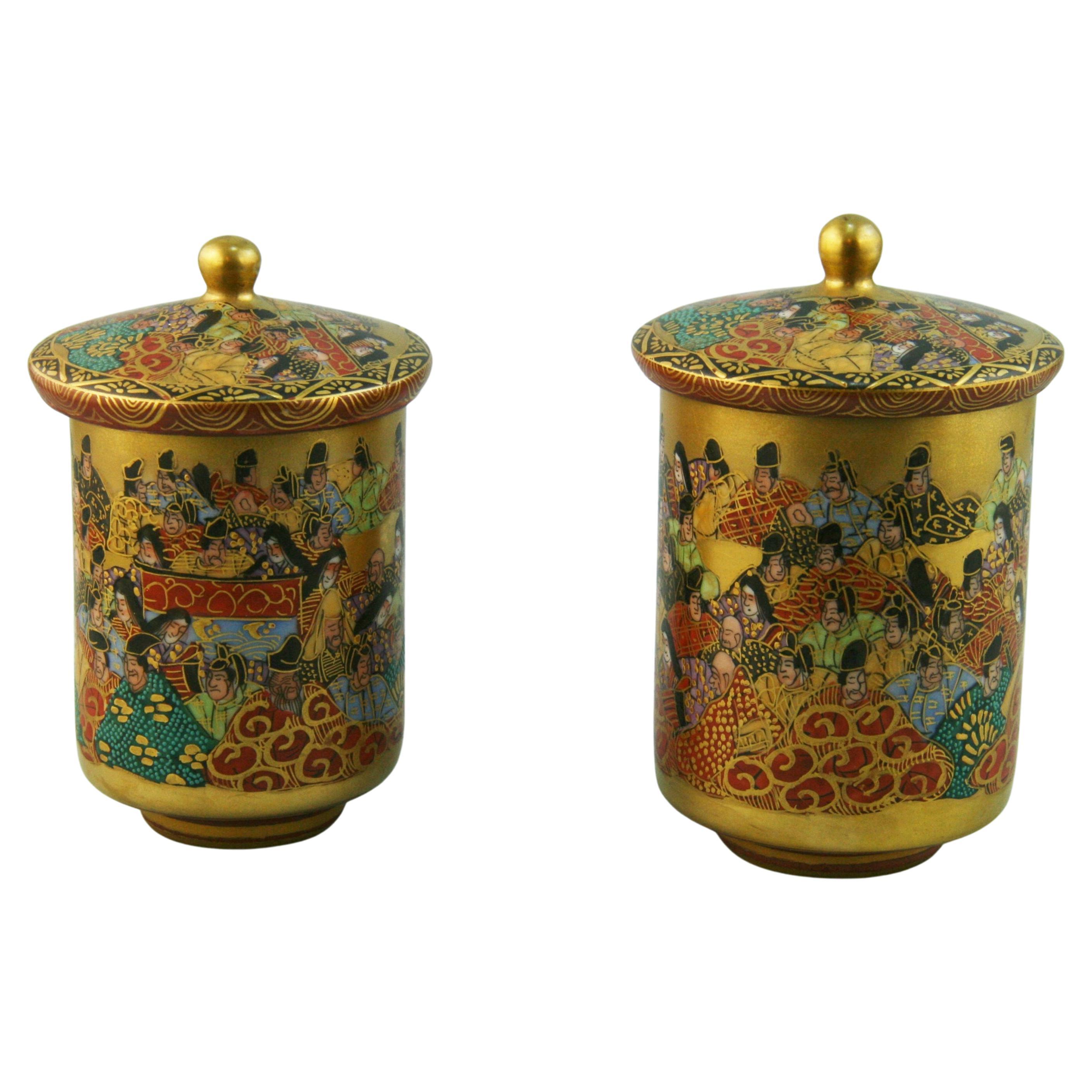 Japanese Pair Hand Decorated Satsuma Lidded Cups For Sale