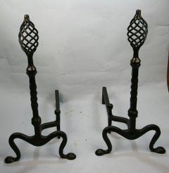Pair Antique Andirons   Wrought Iron Birdcage Finial and Penny Feet  Circa 1860