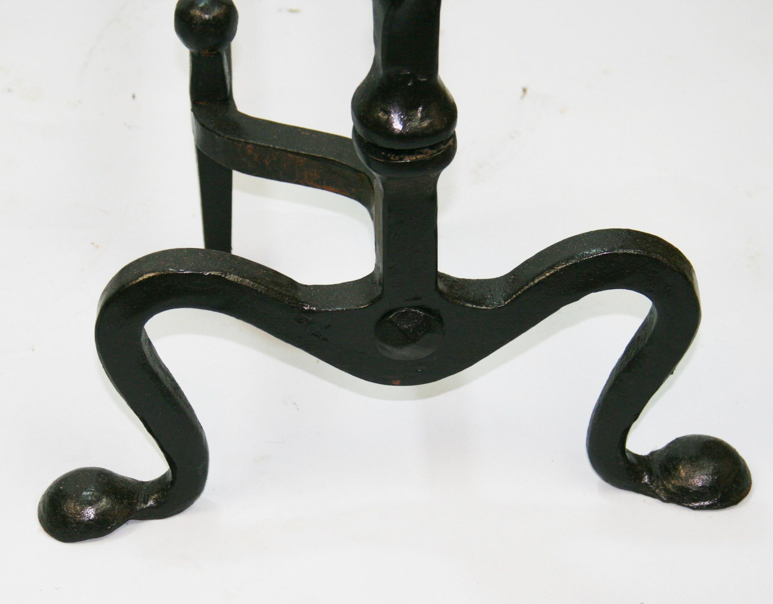 Hand-Crafted Pair Antique Andirons   Wrought Iron Birdcage Finial and Penny Feet  Circa 1860 For Sale