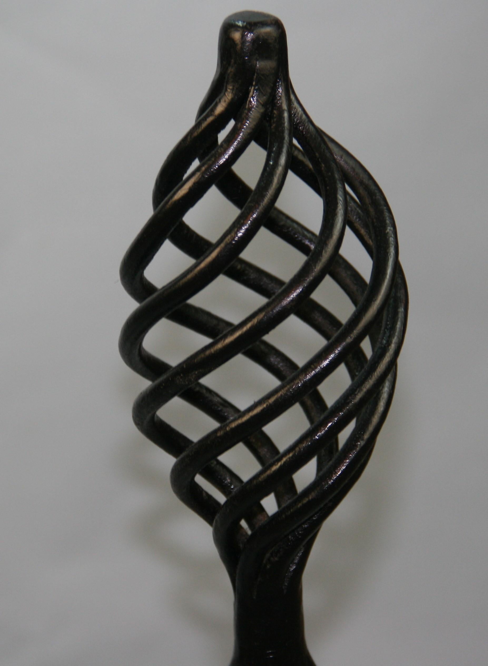 Pair Antique Andirons   Wrought Iron Birdcage Finial and Penny Feet  Circa 1860 In Good Condition For Sale In Douglas Manor, NY