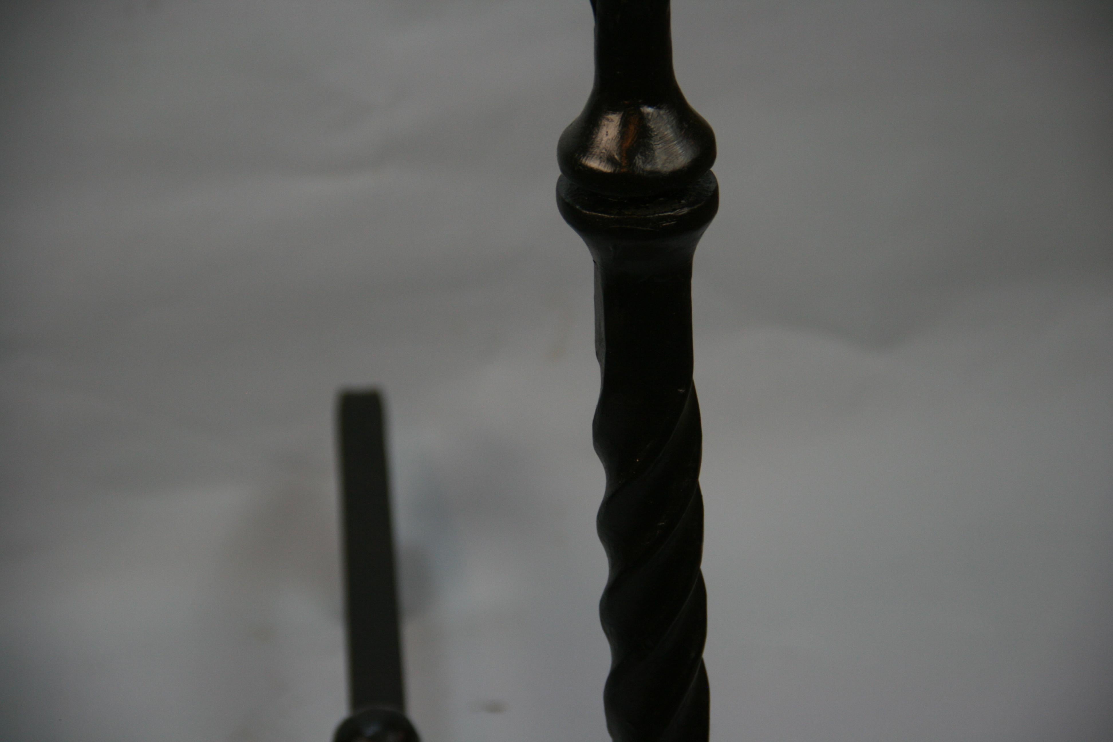 19th Century Pair Antique Andirons   Wrought Iron Birdcage Finial and Penny Feet  Circa 1860 For Sale