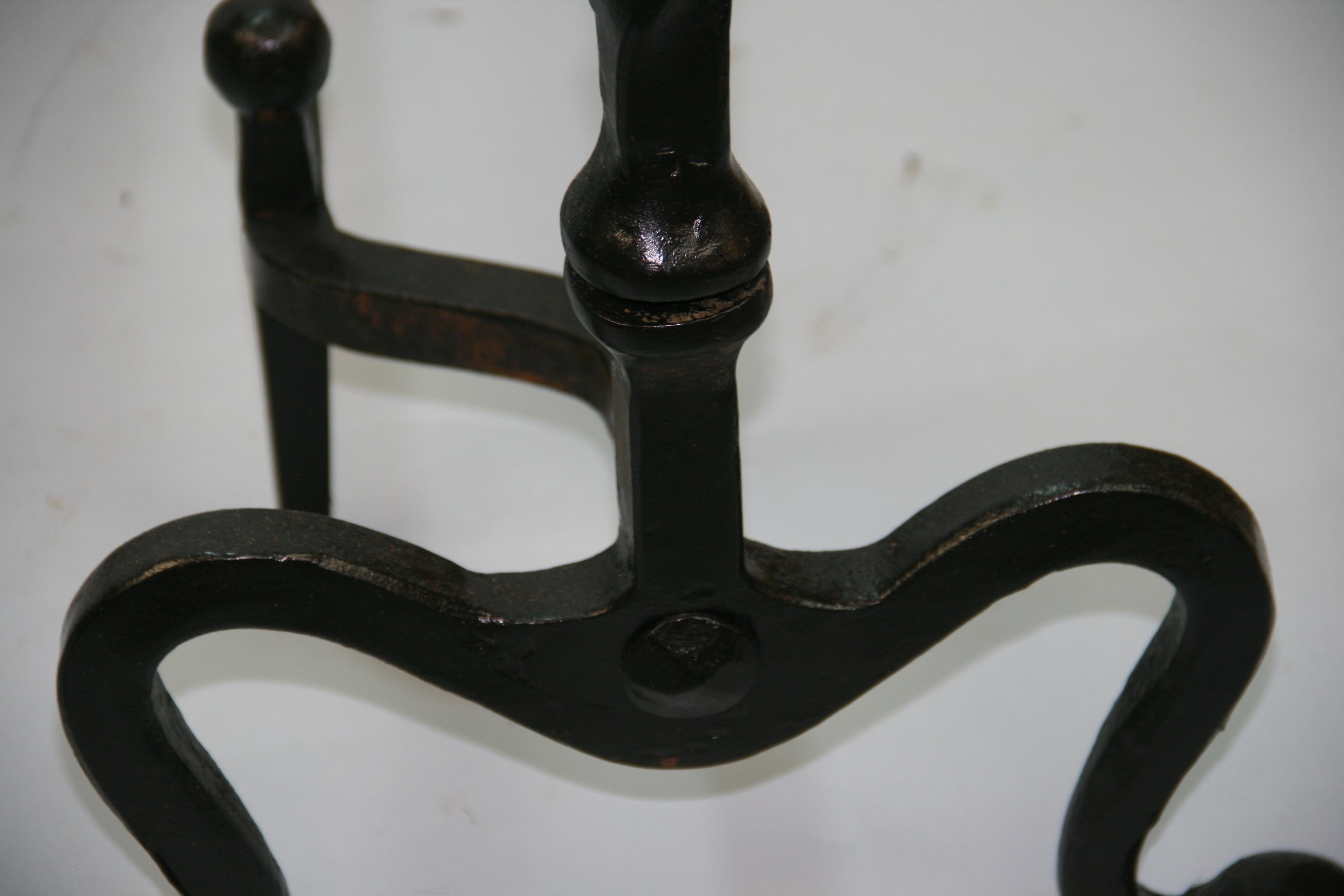 Pair Antique Andirons   Wrought Iron Birdcage Finial and Penny Feet  Circa 1860 For Sale 1