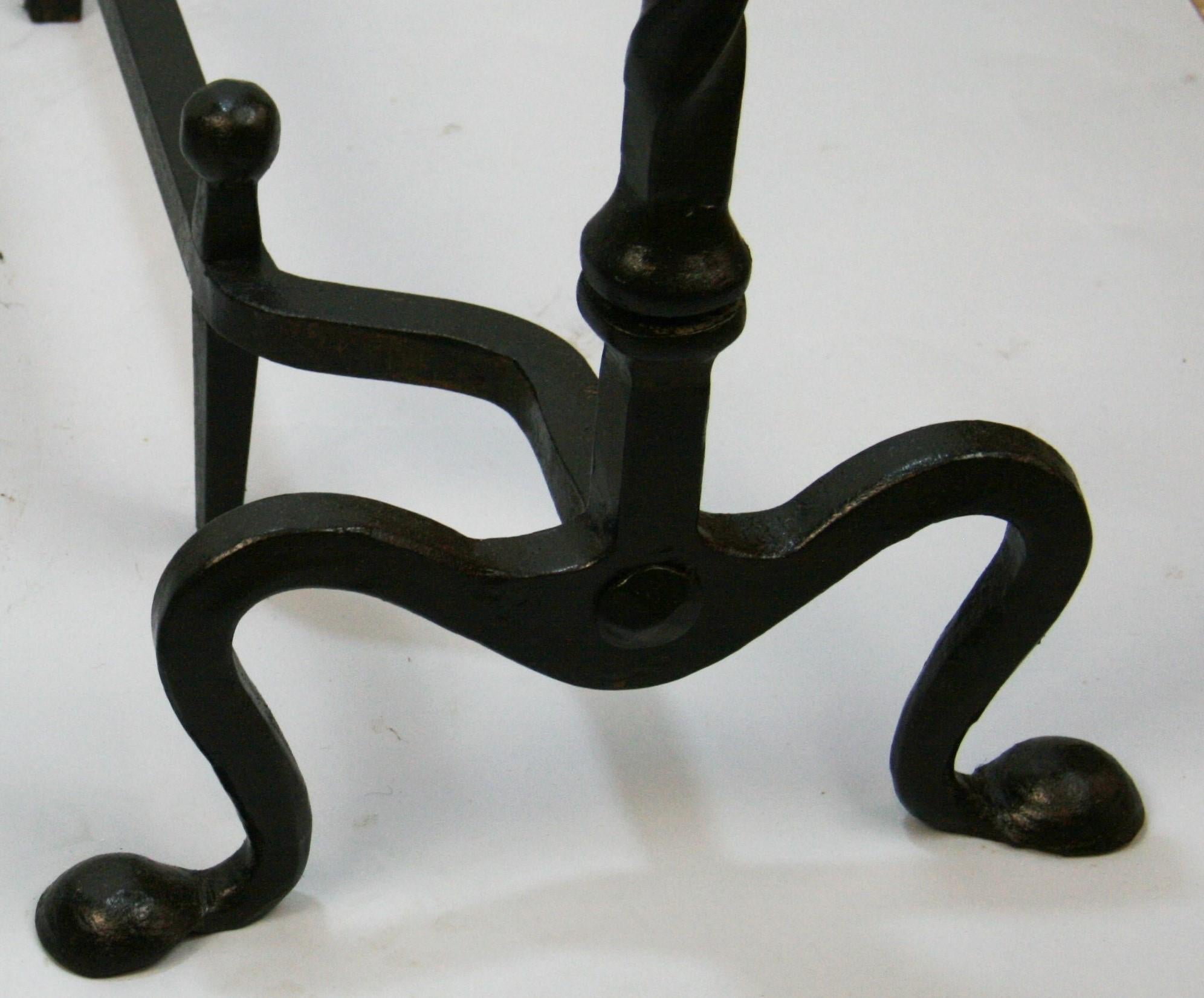 Pair Antique Andirons   Wrought Iron Birdcage Finial and Penny Feet  Circa 1860 For Sale 2
