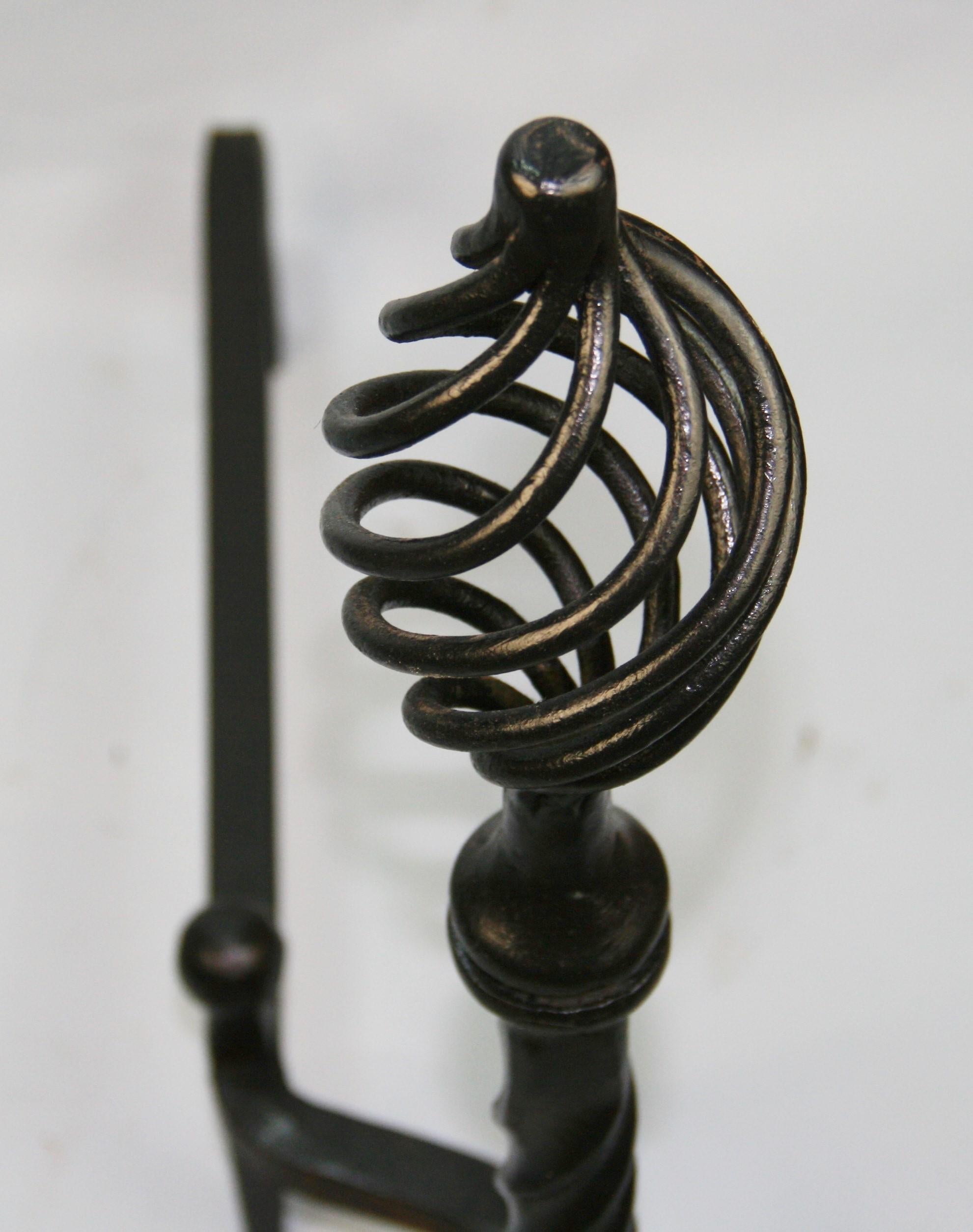 Pair Antique Andirons   Wrought Iron Birdcage Finial and Penny Feet  Circa 1860 For Sale 3