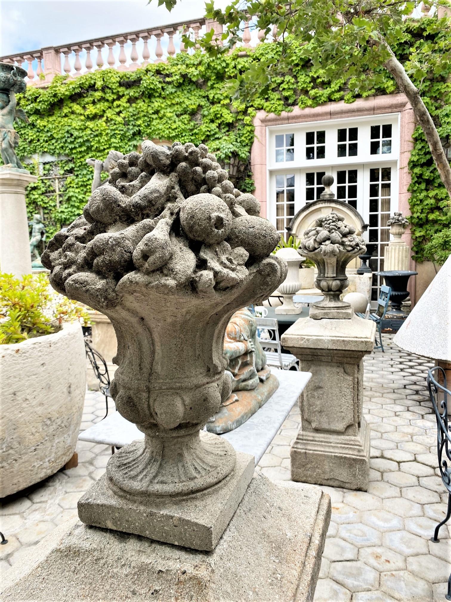 Handmade Cast Stone Fruit flower basket post Finials Vase Urn Form Antiques LA . Pair of Late 19th/20th Century Stone Fruit Baskets Beautifully hand made cast vase urn Bouquet flower and fruits finials . Large pair of antique Hand made old cast