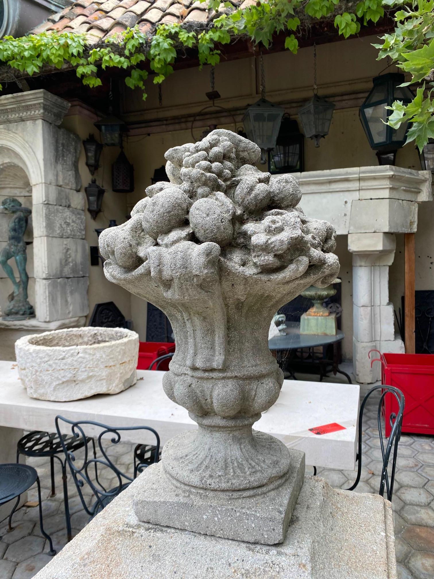 Handmade Cast Stone Fruit Flower Basket post Finials Vase Urn Form Antiques LA In Good Condition In West Hollywood, CA