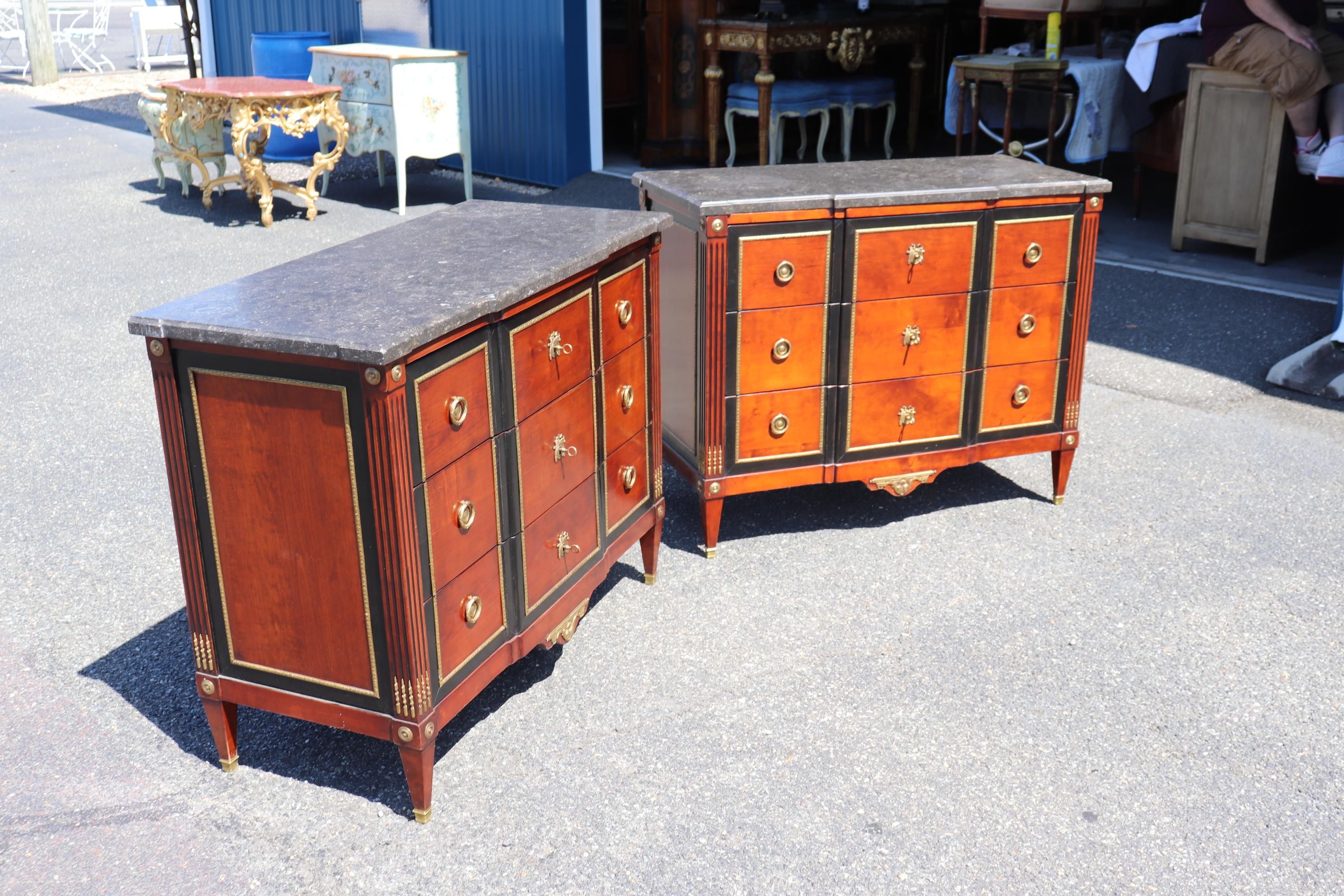 Louis XVI Pair Hand-Made Custom French Bronze Mounted Cherry and Ebonized Commodes For Sale