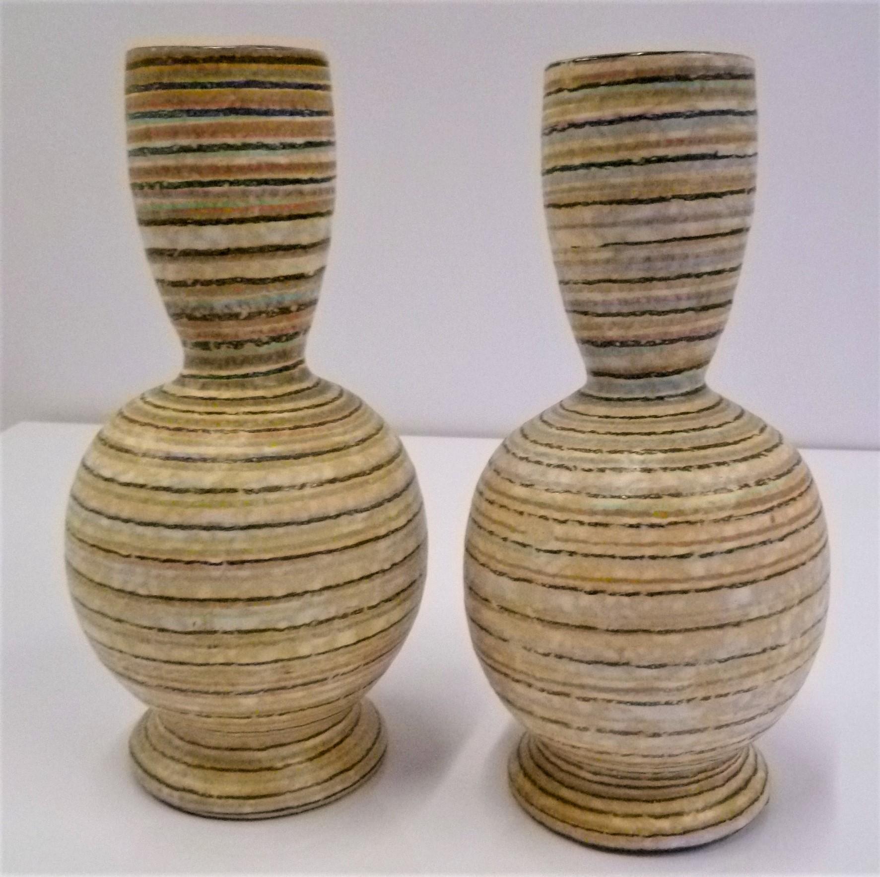 Mid-Century Modern Handmade Italian Modern Striped Pottery Vases Retailed by Guildcraft 1960s, Pair