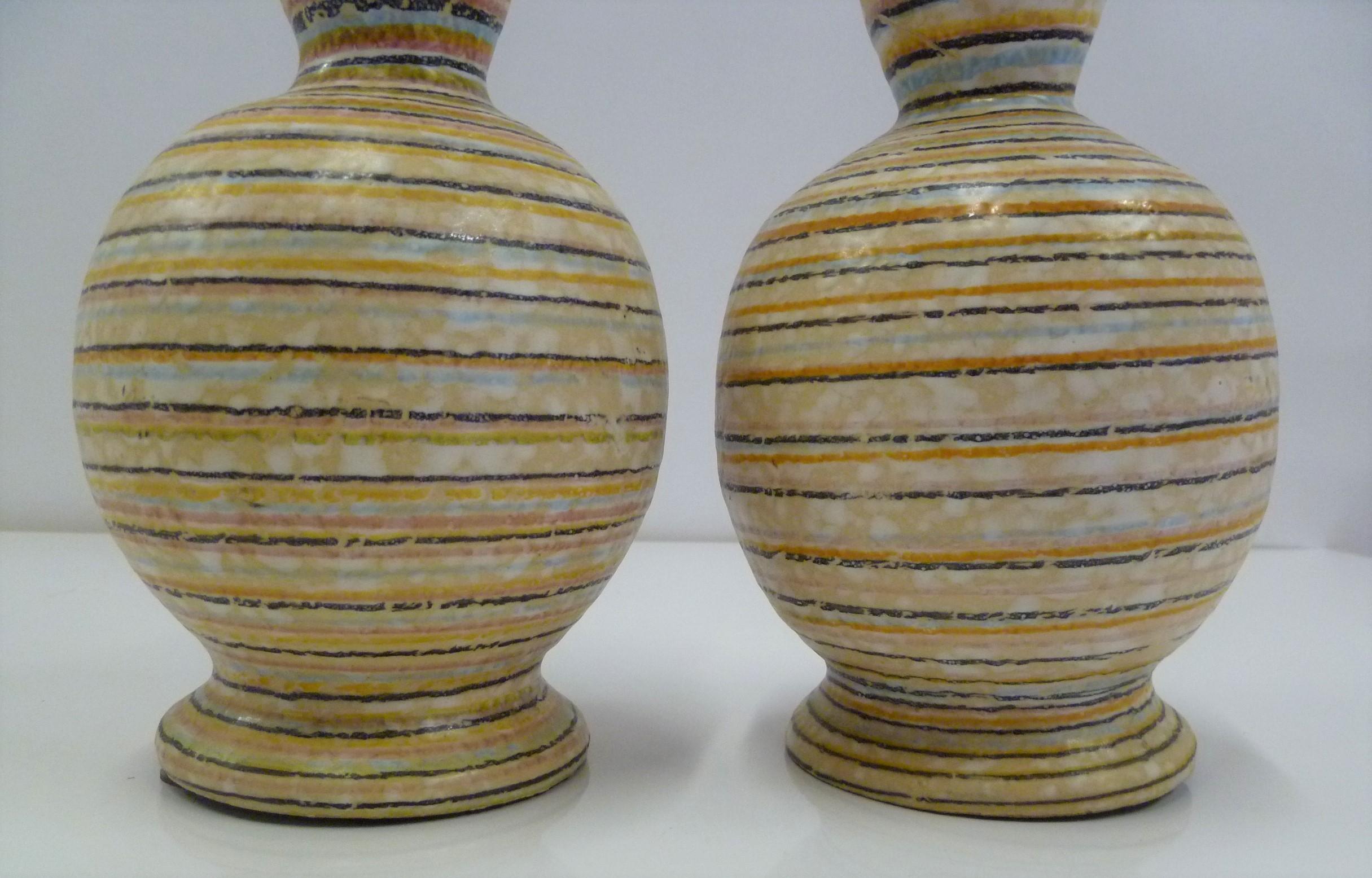 Handmade Italian Modern Striped Pottery Vases Retailed by Guildcraft 1960s, Pair In Good Condition In Miami, FL