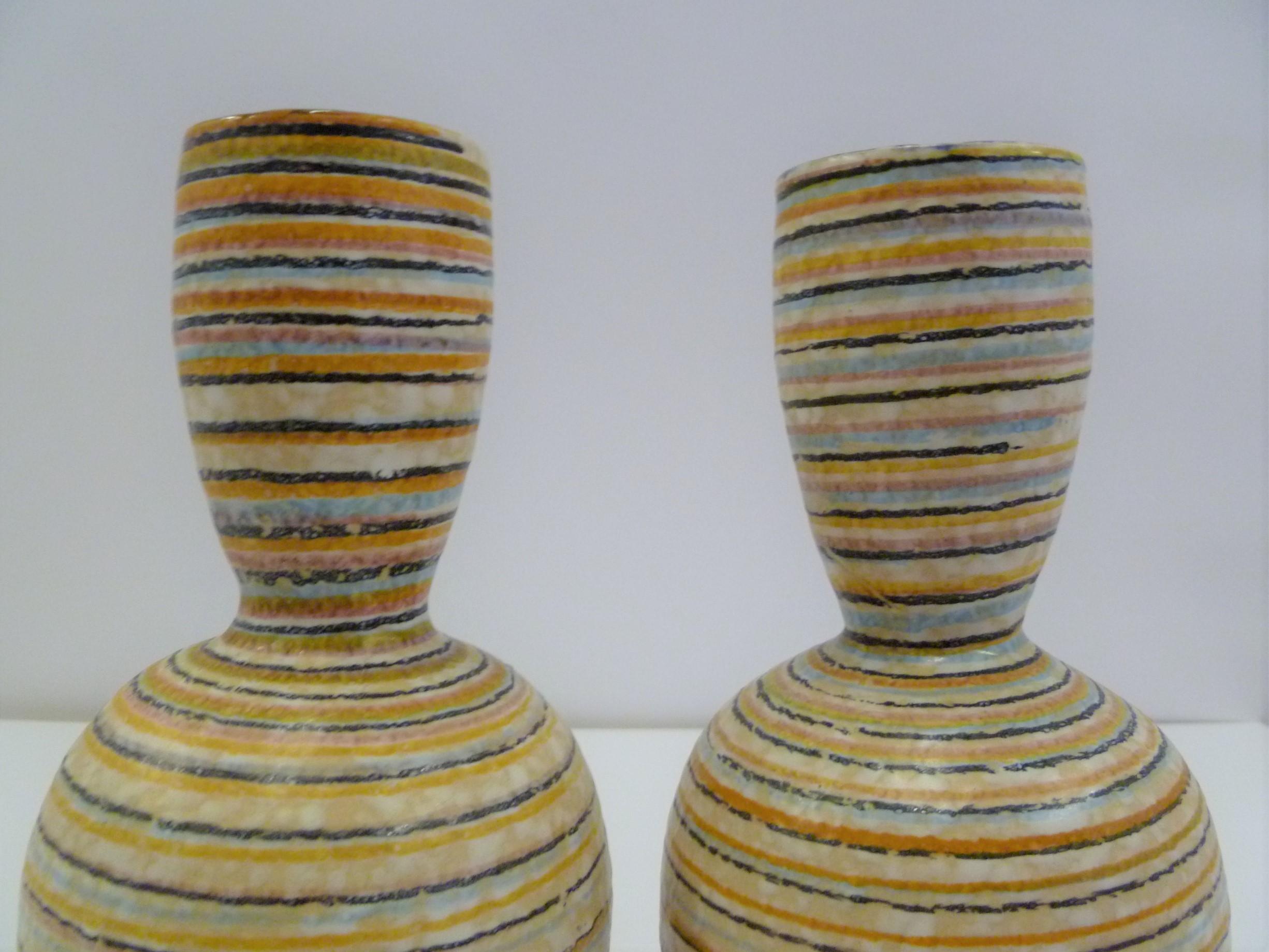 Mid-20th Century Handmade Italian Modern Striped Pottery Vases Retailed by Guildcraft 1960s, Pair