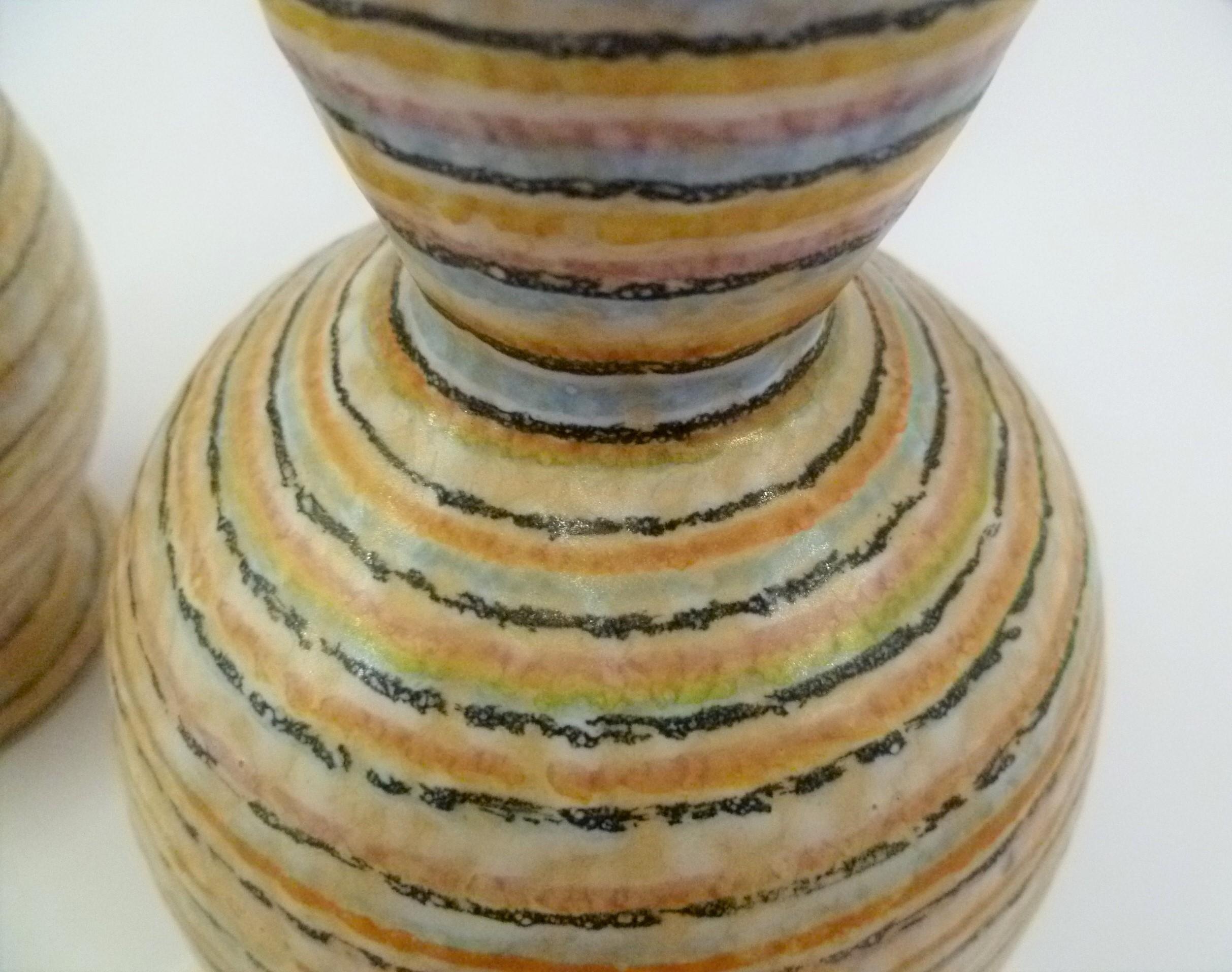 Handmade Italian Modern Striped Pottery Vases Retailed by Guildcraft 1960s, Pair 1