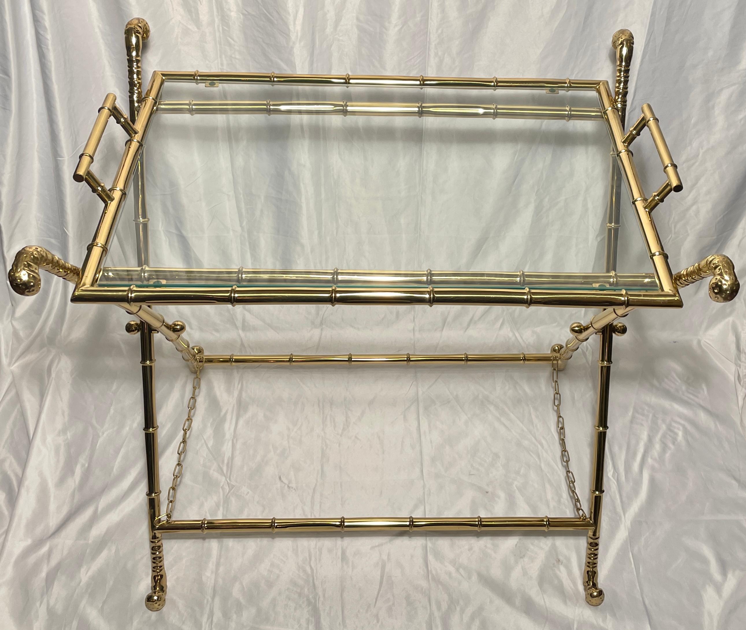 Pair Handmade Vintage Italian Solid Brass Glass-Top Bar Tables In Good Condition In New Orleans, LA