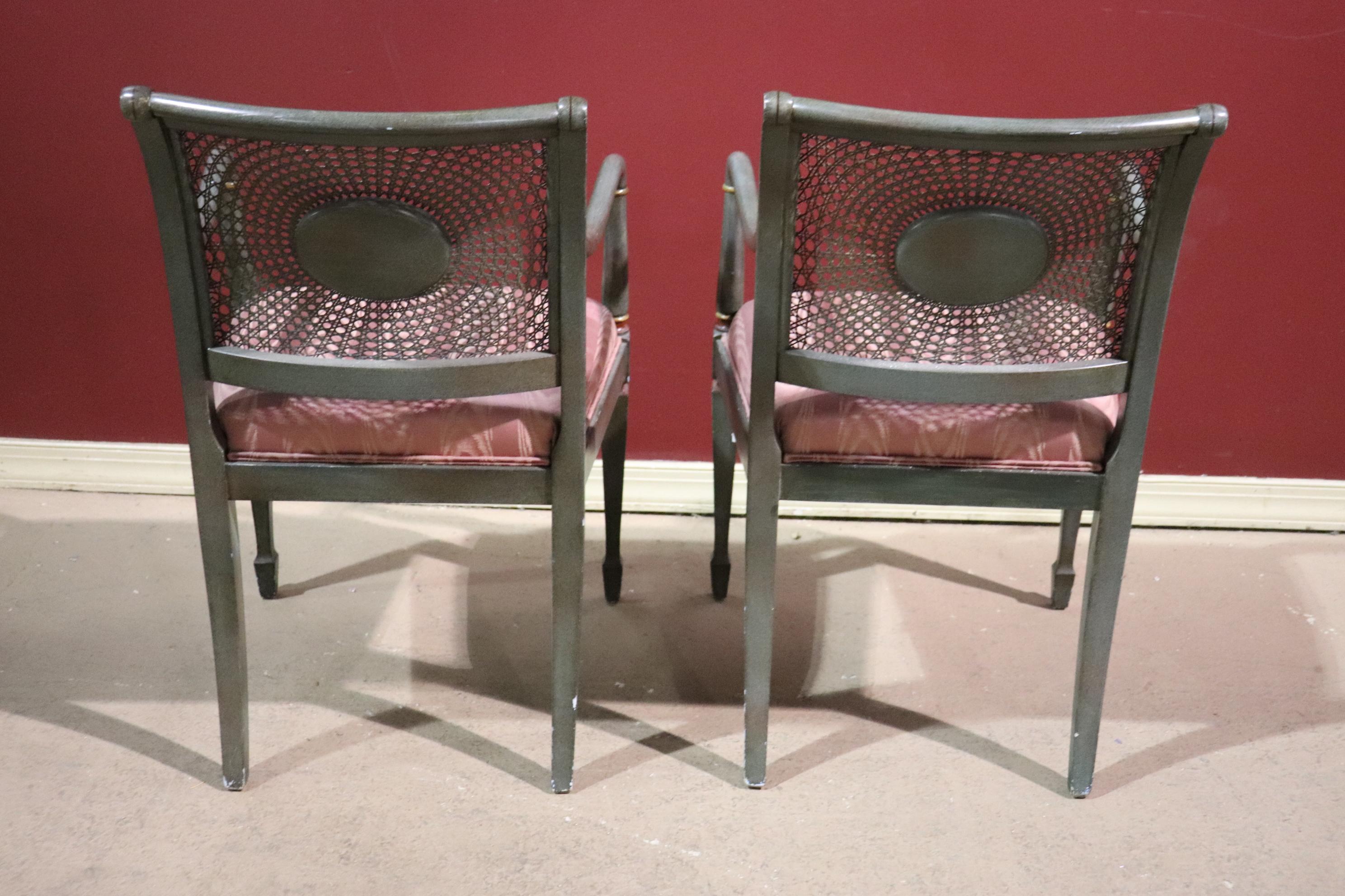 Pair Hand Painted Adams Style Cane Back Armchairs In Good Condition For Sale In Swedesboro, NJ