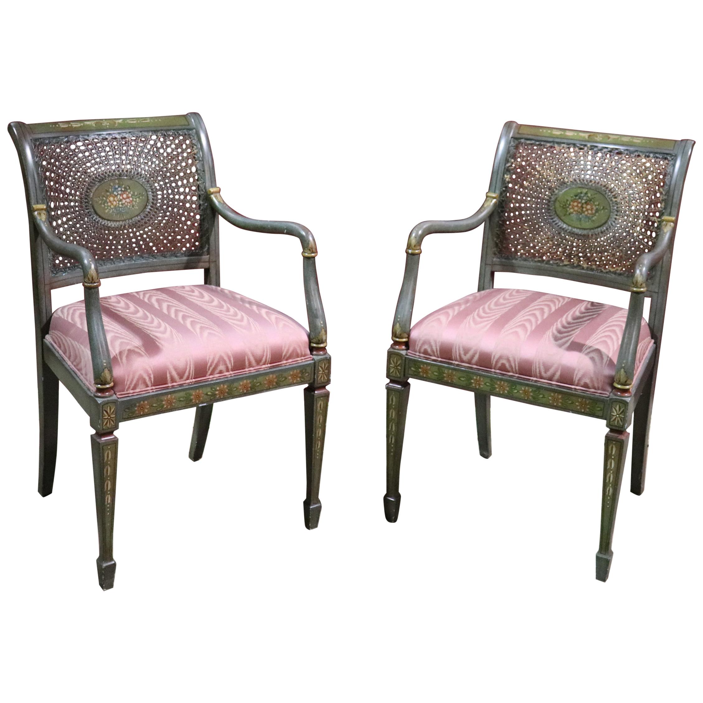 Pair Hand Painted Adams Style Cane Back Armchairs For Sale