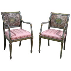 Paar handbemalte Adams Style Cane Back Armchairs