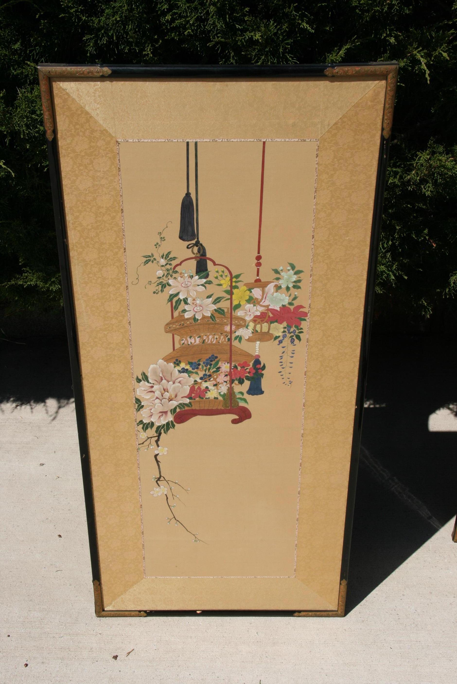 Pair Hand Painted Japanese  Panels/Screens In Good Condition For Sale In Douglas Manor, NY